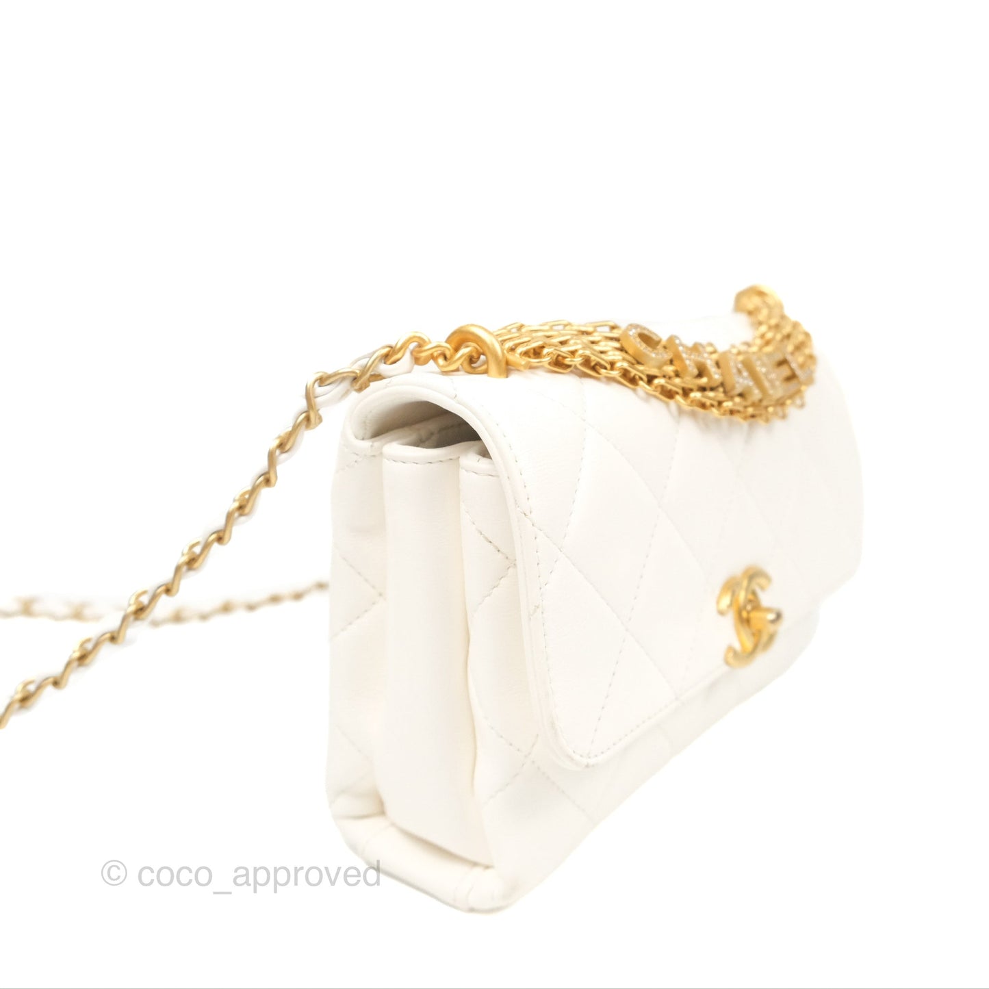 Chanel Crystal Logo Handle Flap Bag White Lambskin 22S