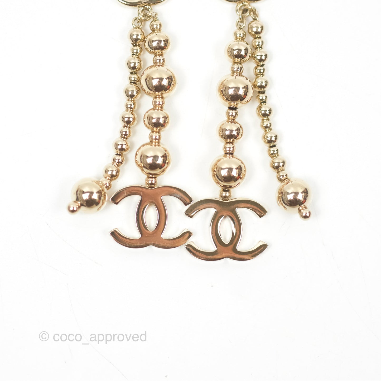 Chanel CC Bead Long Drop Earrings Gold Tone 21S
