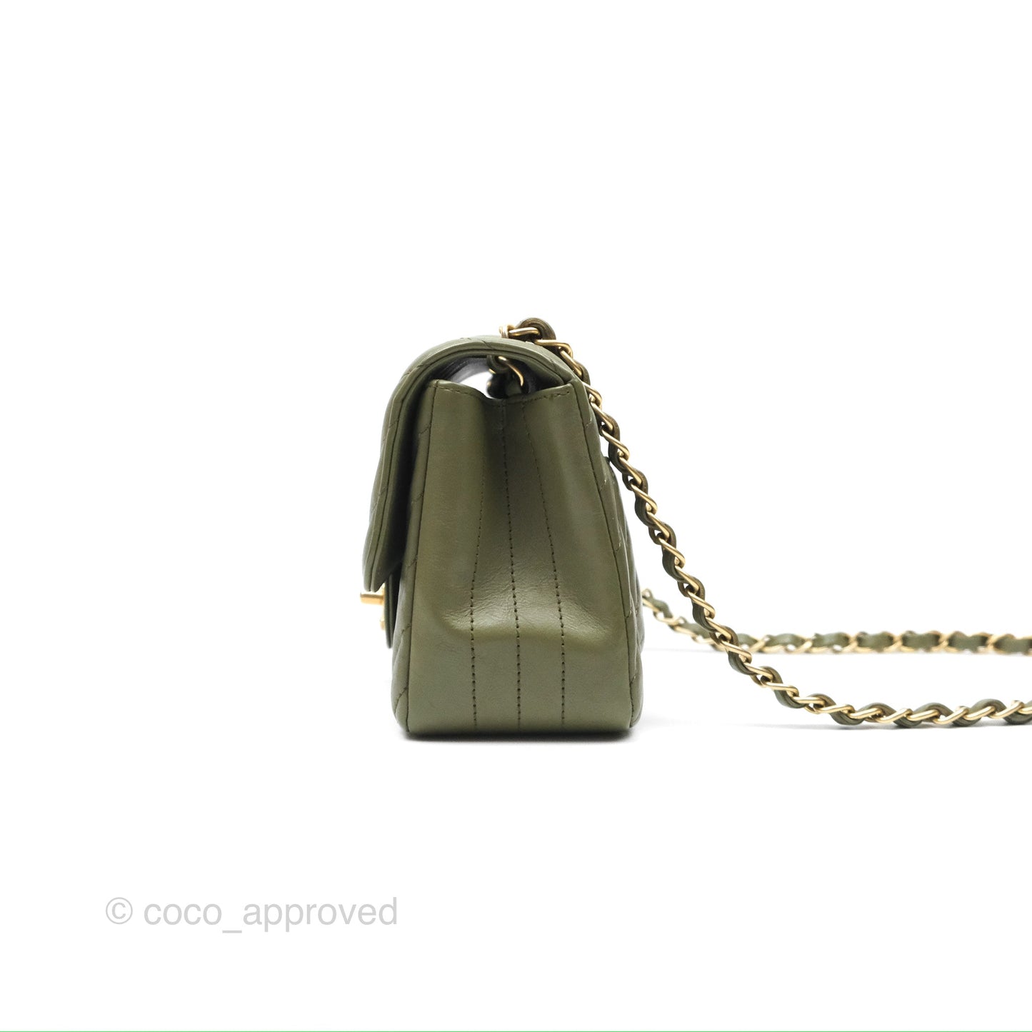 Chanel Mini Square Flap Chevron Olive Green Calfskin Gold Hardware
