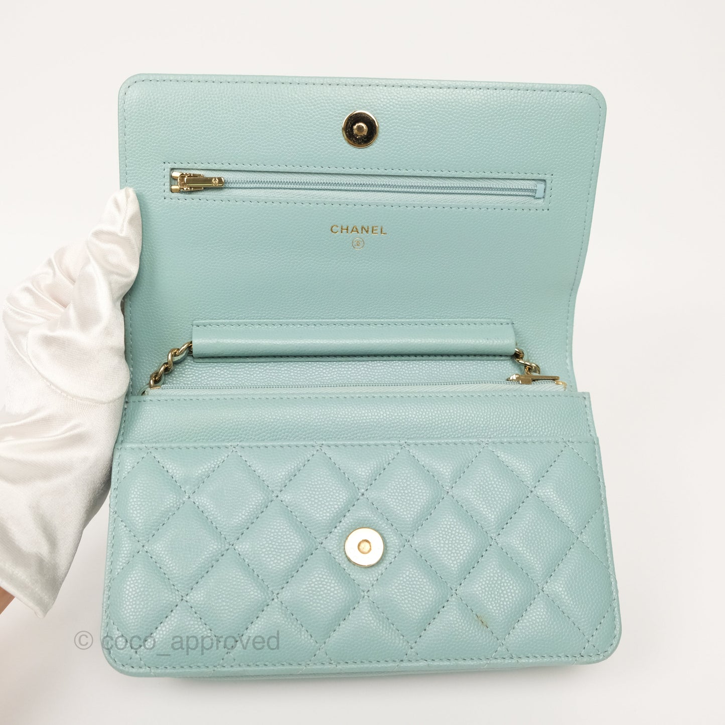 Chanel Quilted Classic Wallet On Chain WOC Tiffany Blue Caviar Gold Hardware