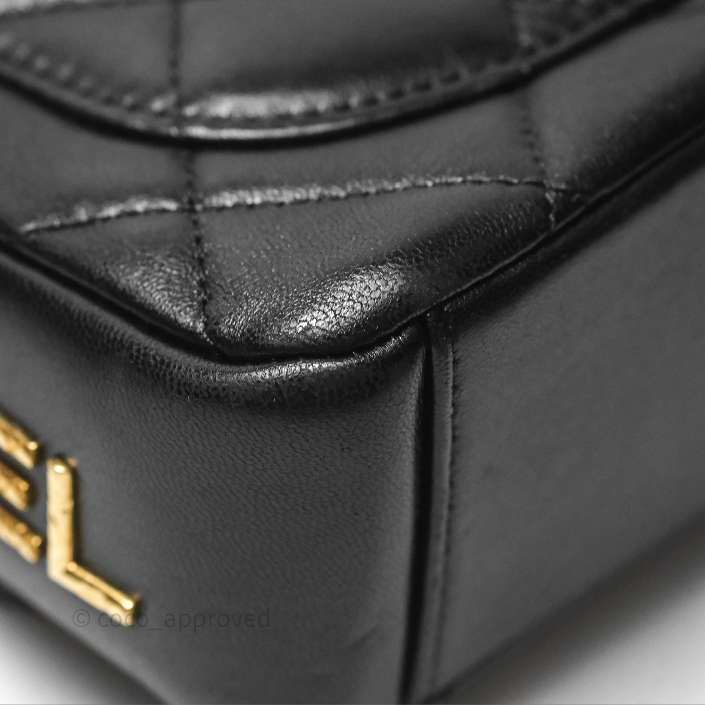 Chanel Logo Mini Square Flap Bag Black Lambskin Aged Gold Hardware 21B