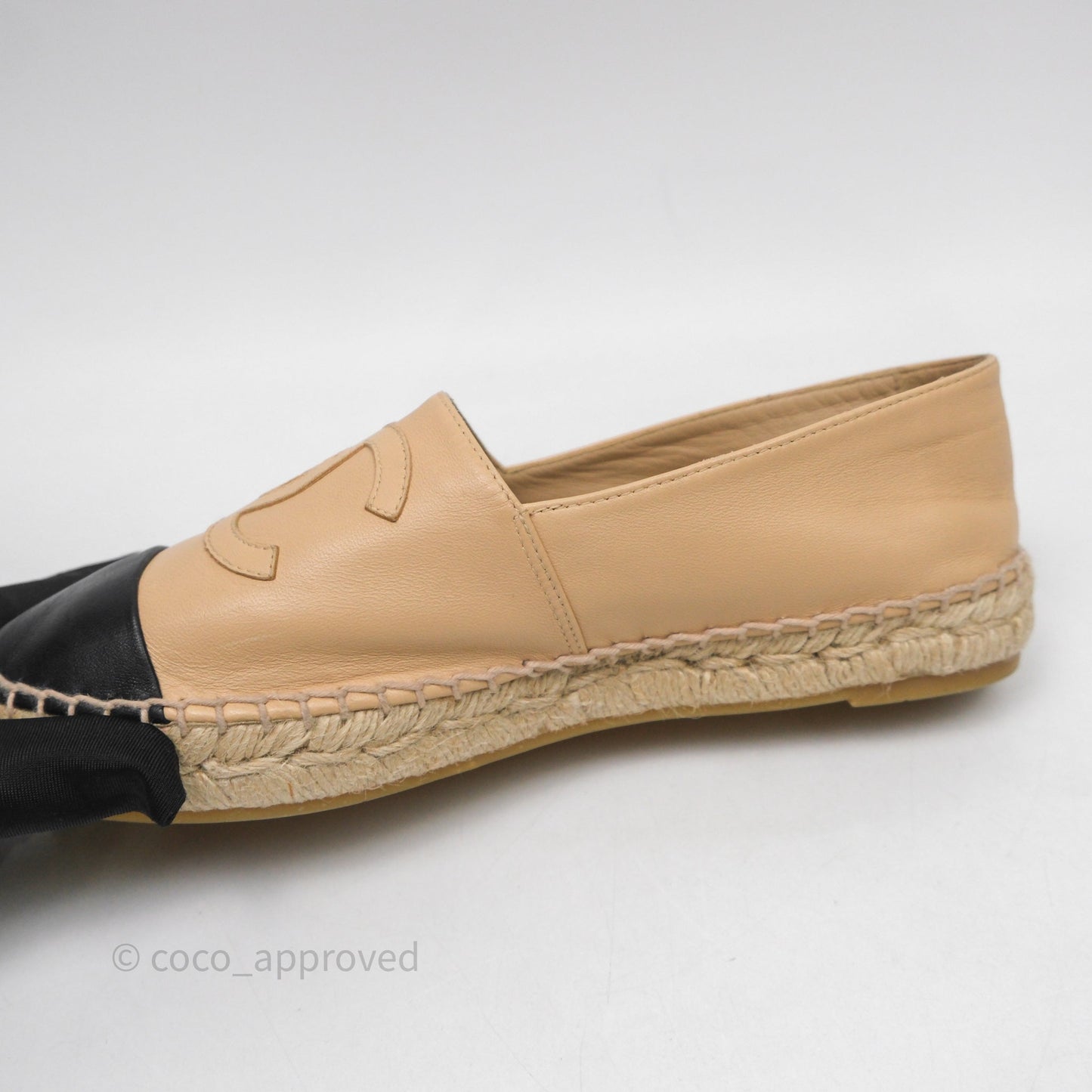 Chanel CC Espadrilles Beige Black Lambskin Size 37