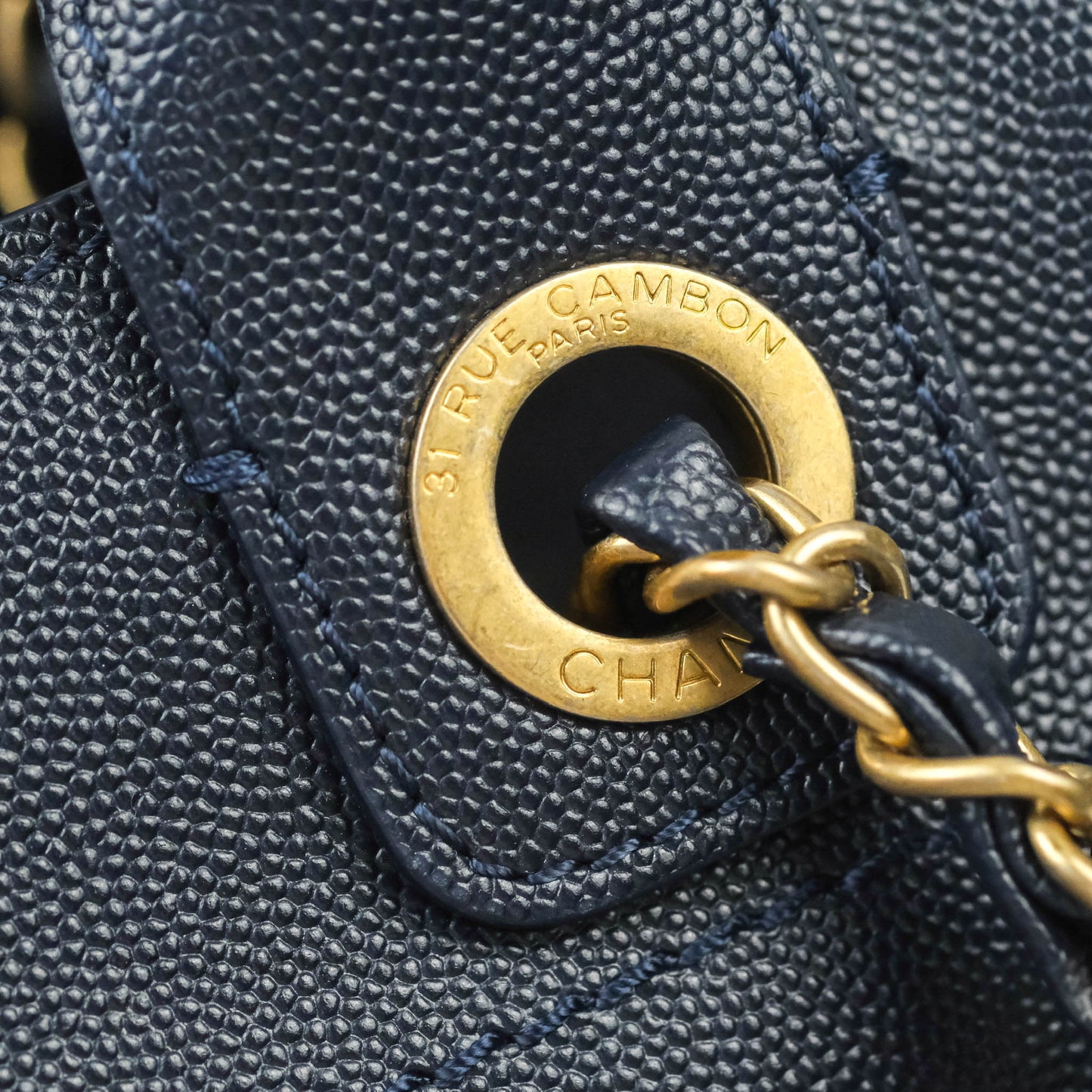 Chanel Medium Studded Navy Caviar Deauville Shopping Bag Aged Gold Hardware