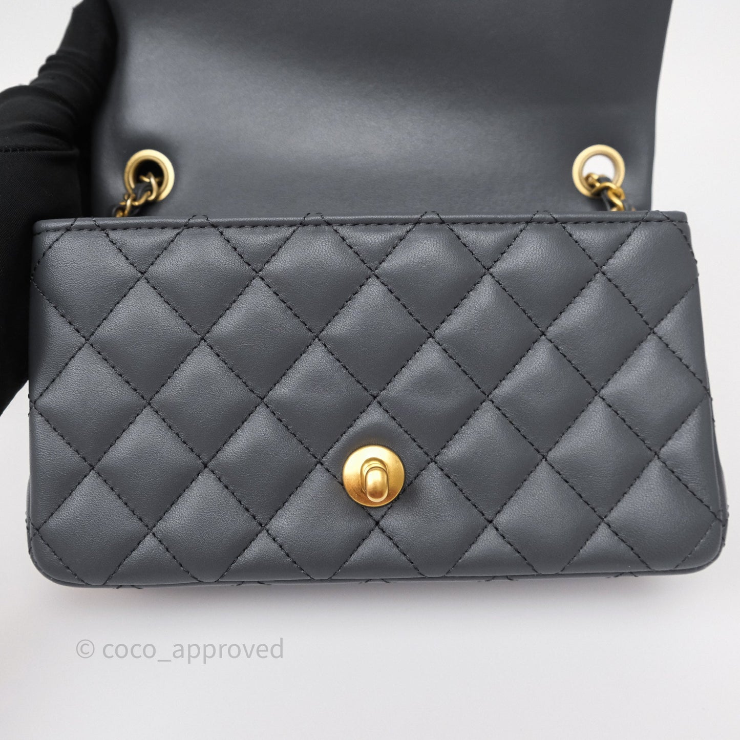 Chanel Pearl Crush Mini Rectangular Quilted Dark Grey Lambskin Aged Gold Hardware