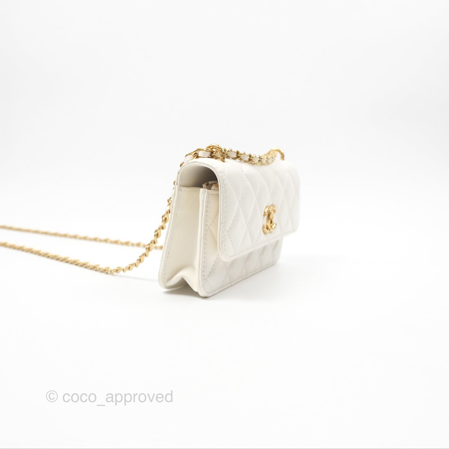 Chanel Dynasty Phone Holder with Chain White Ivory Lambskin Aged Gold Hardware
