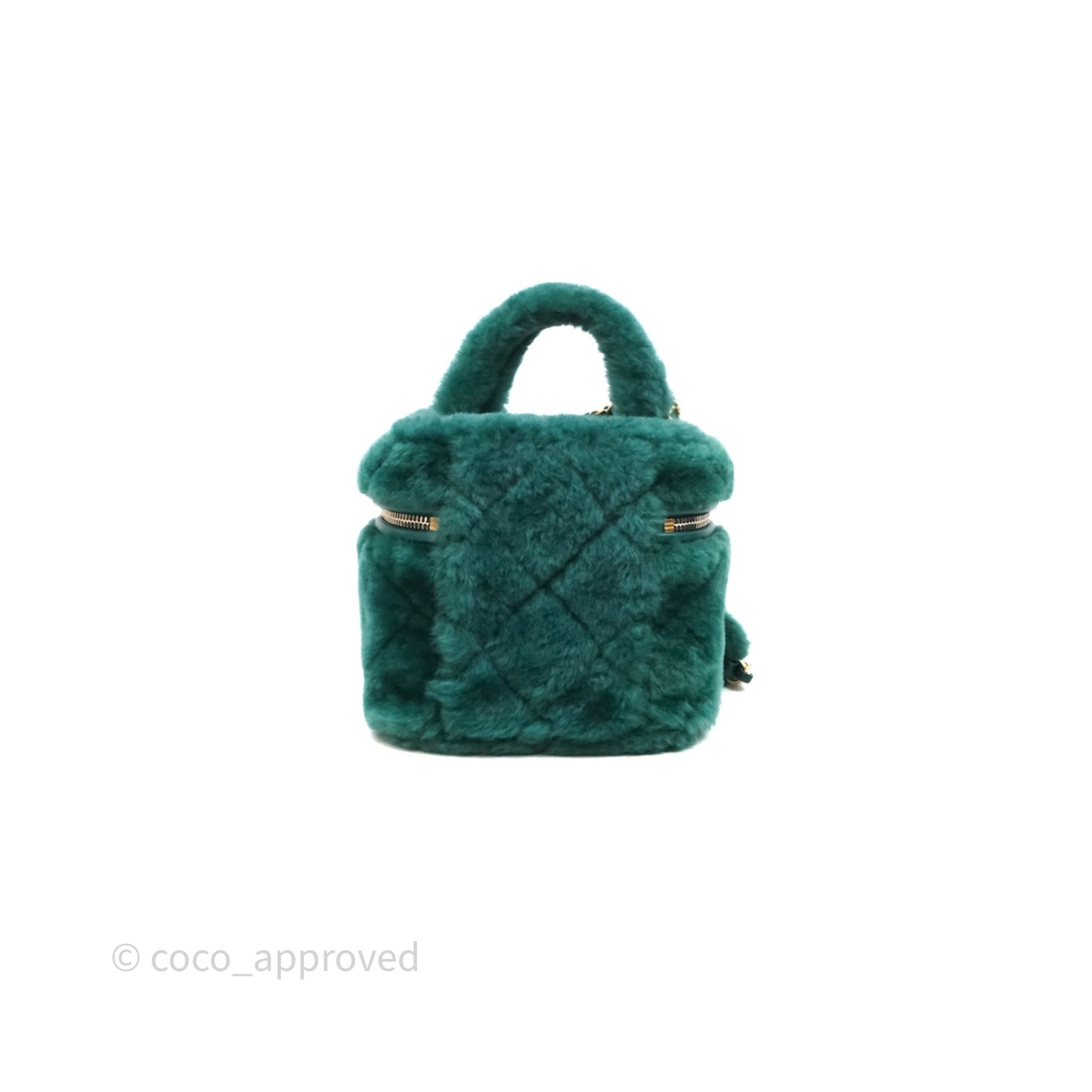 Chanel Small Vanity Case Green Shearling Aged Gold Hardware 22A