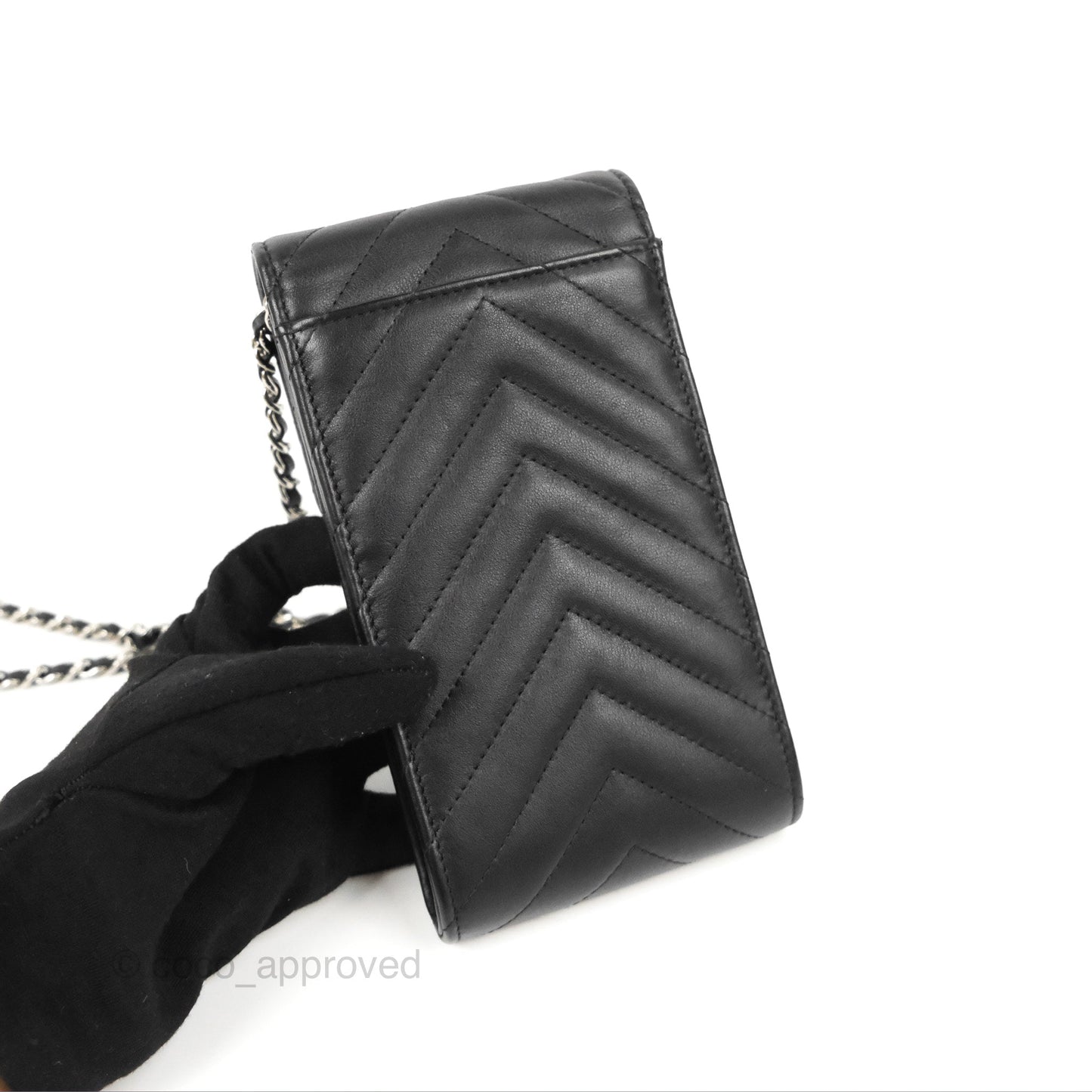 Chanel Classic Chevron Phone Holder Black Calfskin Silver Hardware