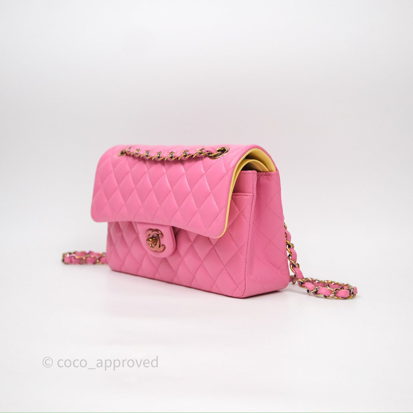 Chanel Small Classic Flap Quilted Pink Lambskin Rainbow Hardware