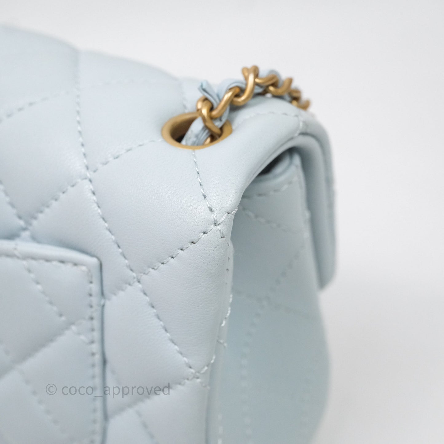 Chanel Pearl Crush Mini Rectangular Light Blue Lambskin Aged Gold Hardware