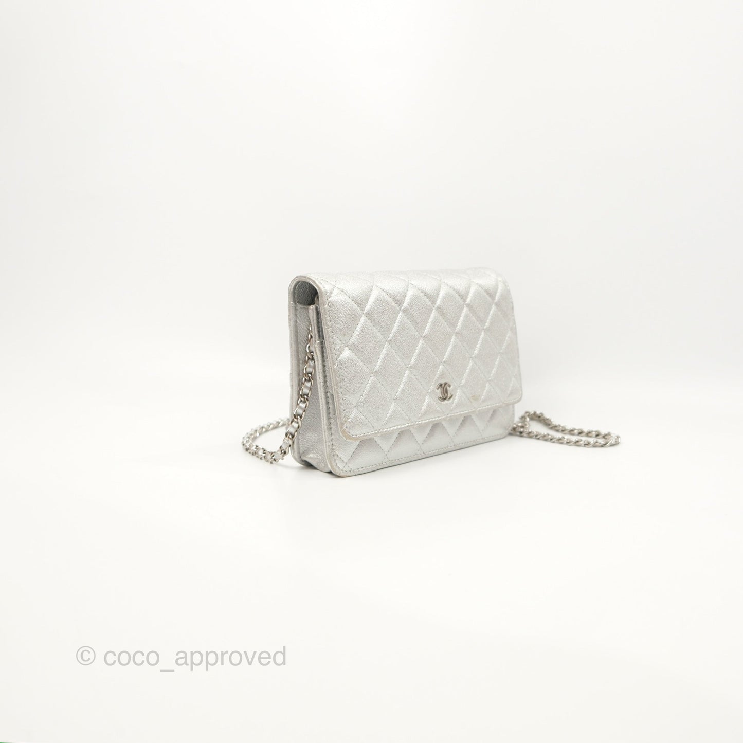 Chanel Quilted Wallet on Chain WOC Iridescent Silver Grained Lambskin Silver Hardware