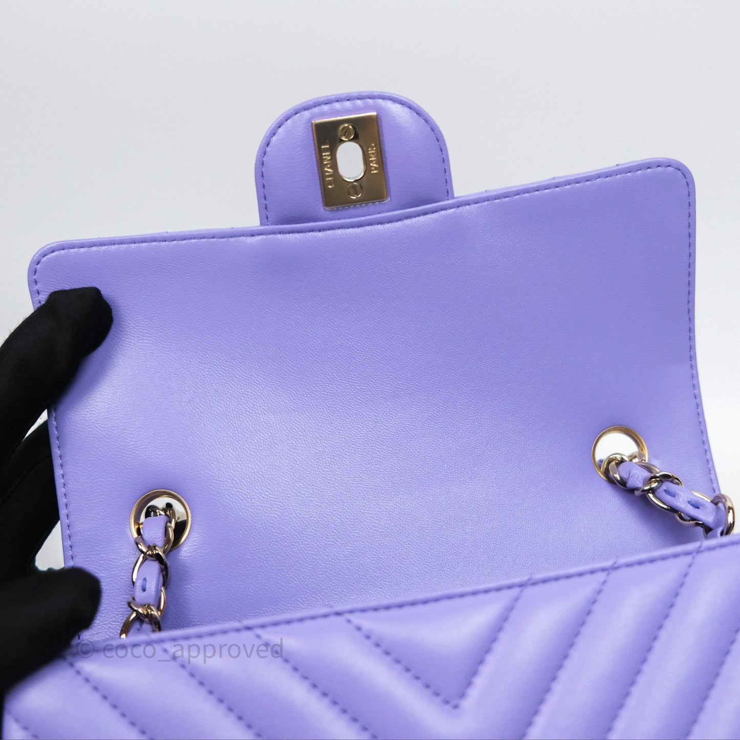 Chanel Quilted Mini Rectangular Chevron Purple Lambskin Gold Hardware