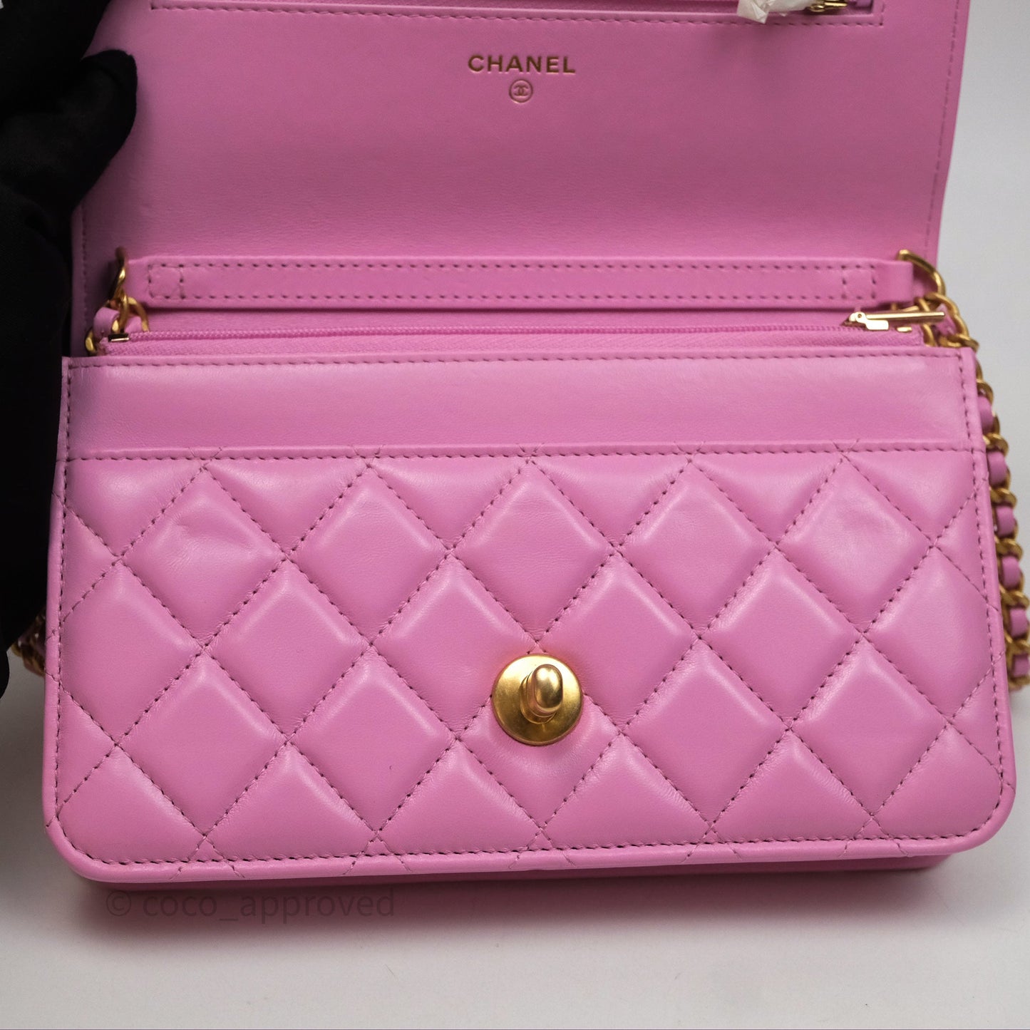 Chanel CC Chain Wallet On Chain WOC Pink Lambskin Aged Gold Hardware