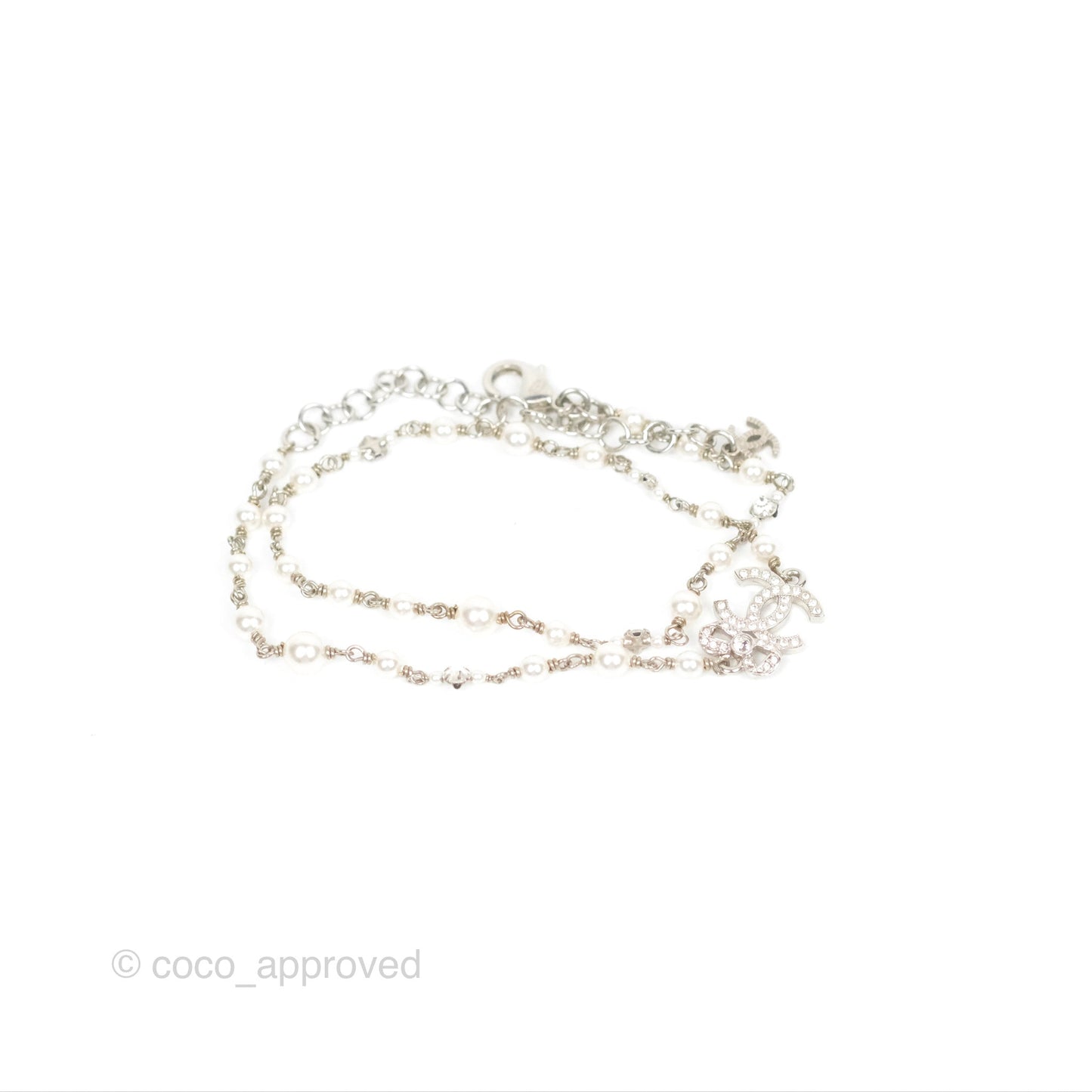 Chanel Ribbon Bow CC Crystal Pearl Chain Necklace Silver Tone 22B