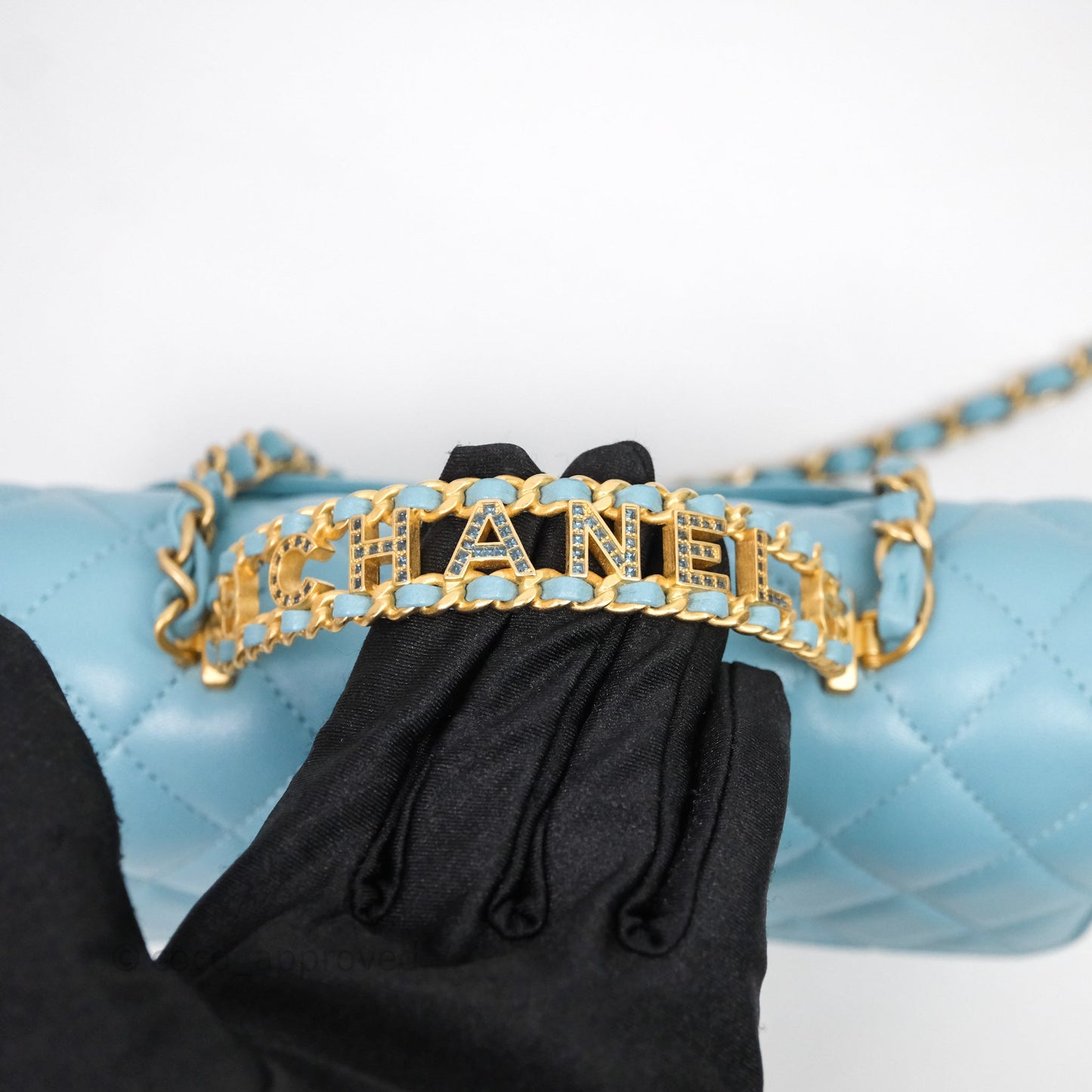 Chanel Flap Bag with Crystal Logo Top Handle Tiffany Blue Lambskin Aged Gold Hardware