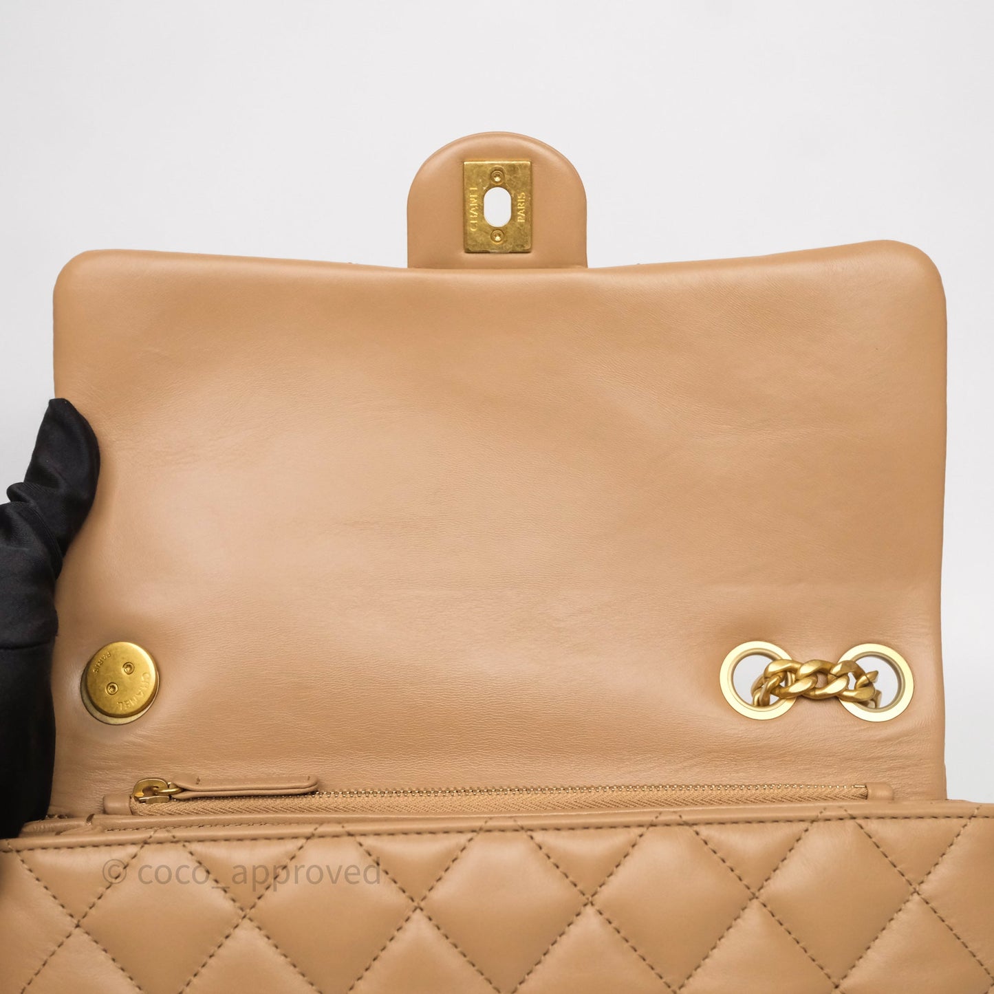 Chanel Medium All Slide Adjustable Chain Flap Bag Beige Lambskin Aged Gold Hardware