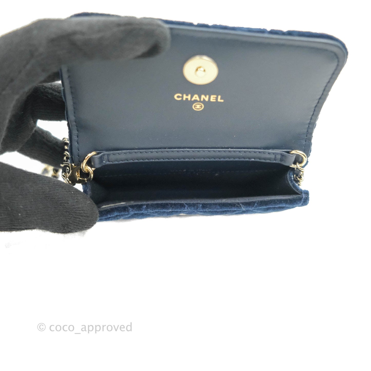 Chanel Crystal Pearl Crush Card Holder Navy Velvet Aged Gold Hardware