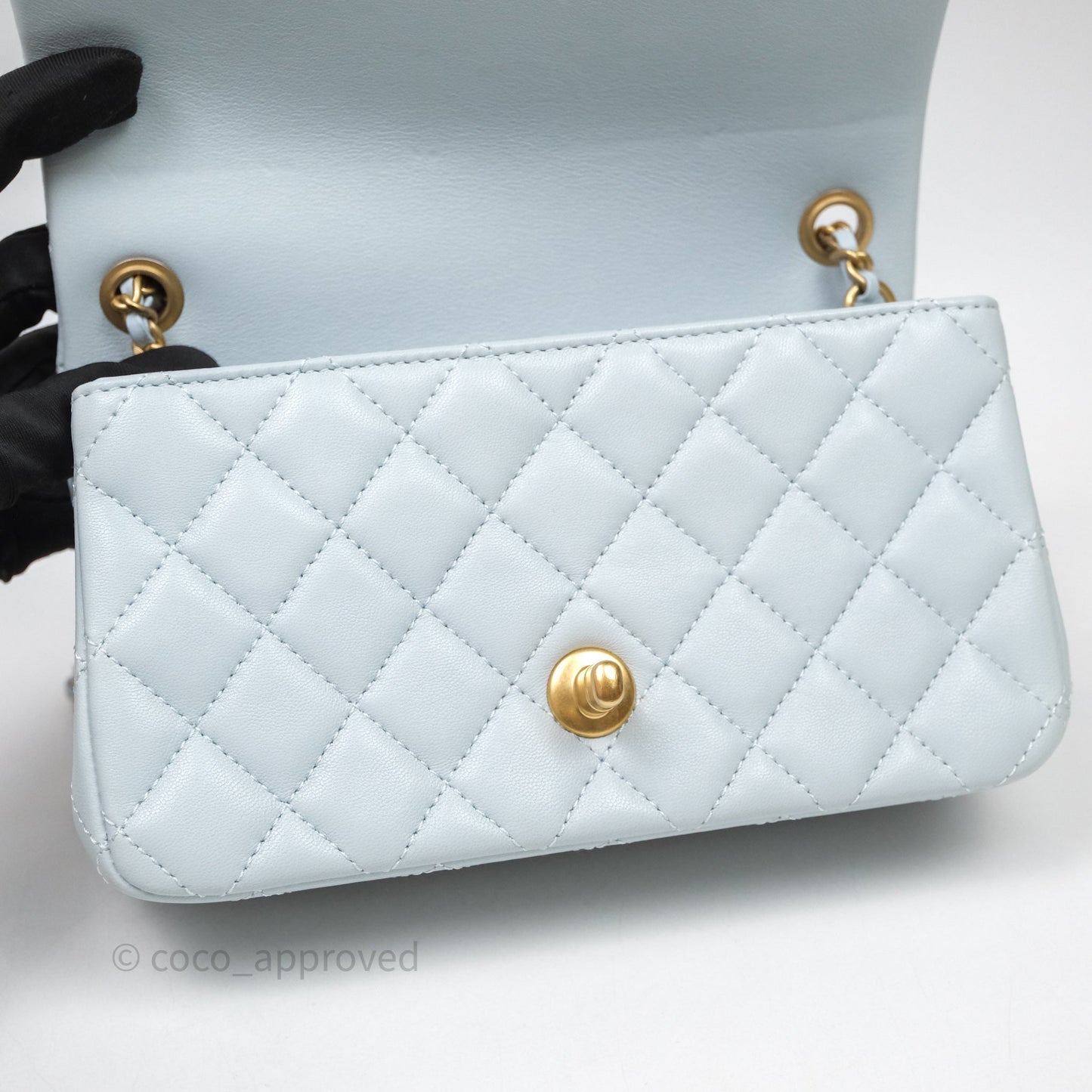 Chanel Pearl Crush Mini Rectangular Light Blue Lambskin Aged Gold Hardware