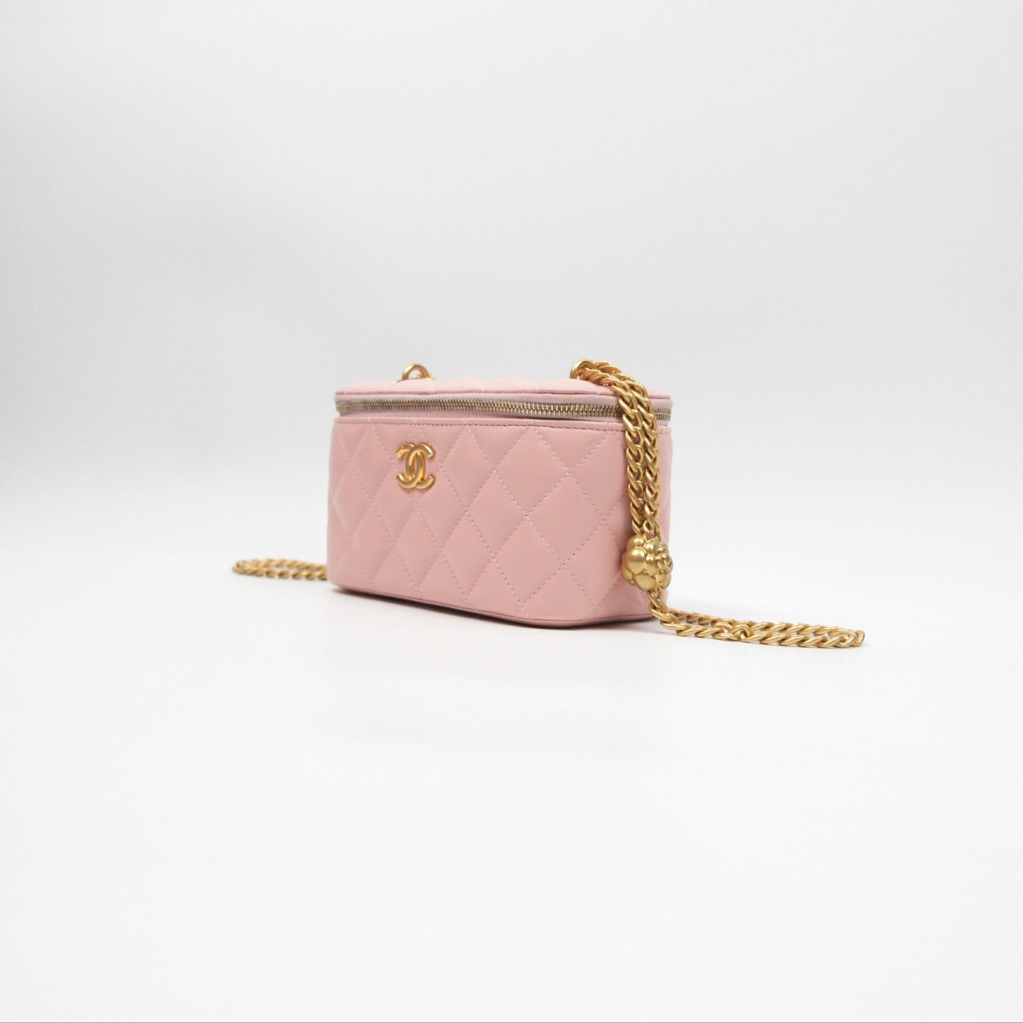 Chanel Quilted Vanity Rectangular with Camellia Adjustable Chain Pink Lambskin 23S