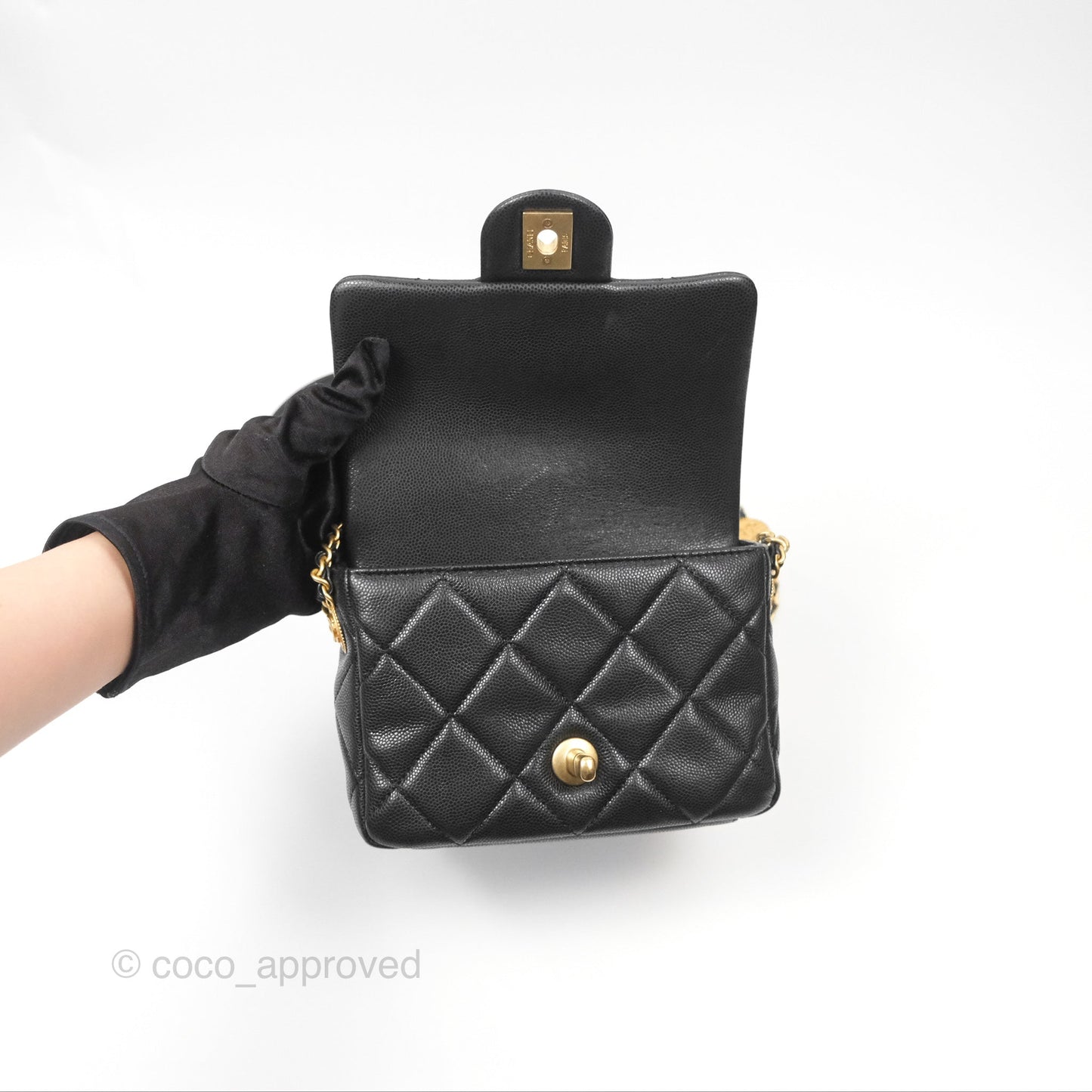 Chanel Mini Flap with Coin Charm Black Caviar Aged Gold Hardware 22A