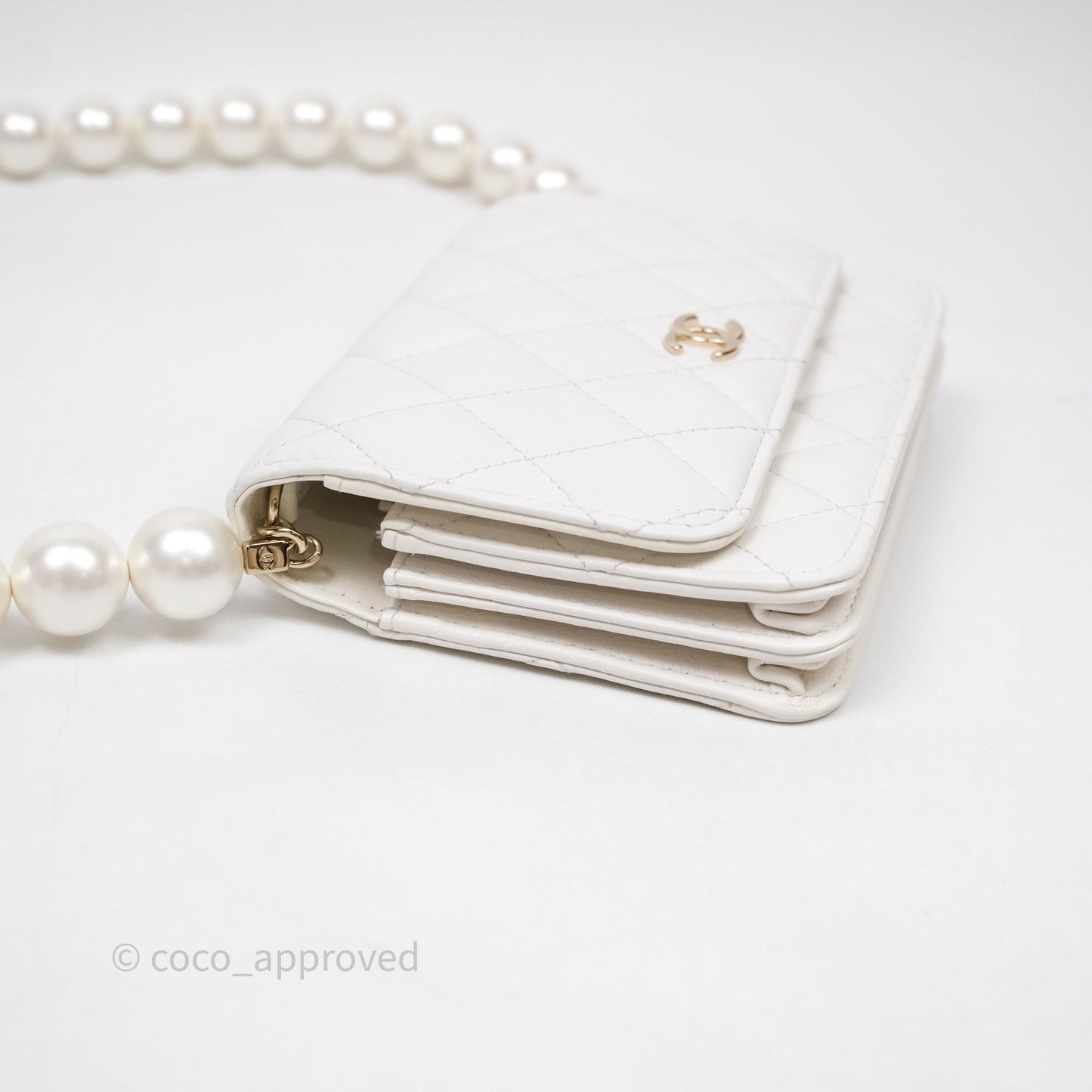 Chanel Mini Wallet On Large Pearl Chain WOC Quilted White Lambskin Gold Hardware