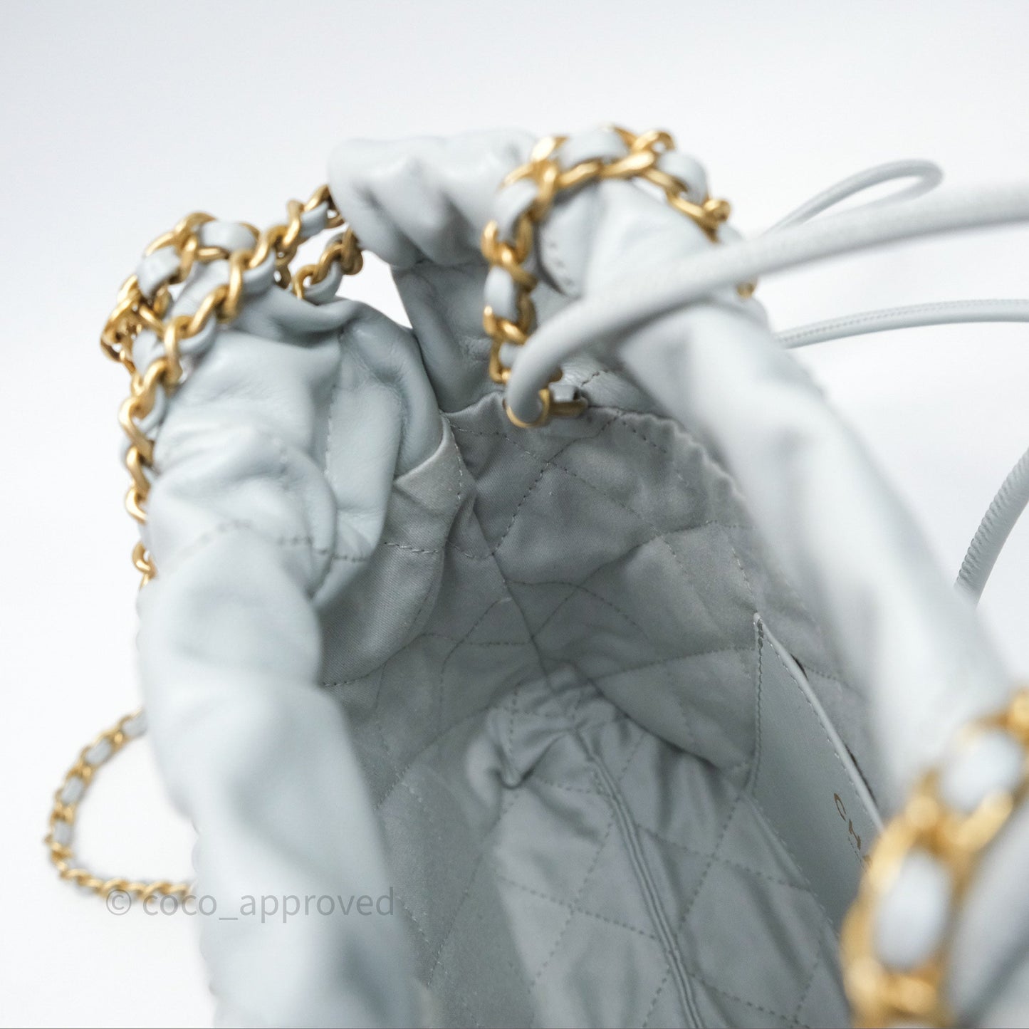 Chanel 22 Mini Bag Blue Grey Shiny Crumpled Calfskin Aged Gold Hardware