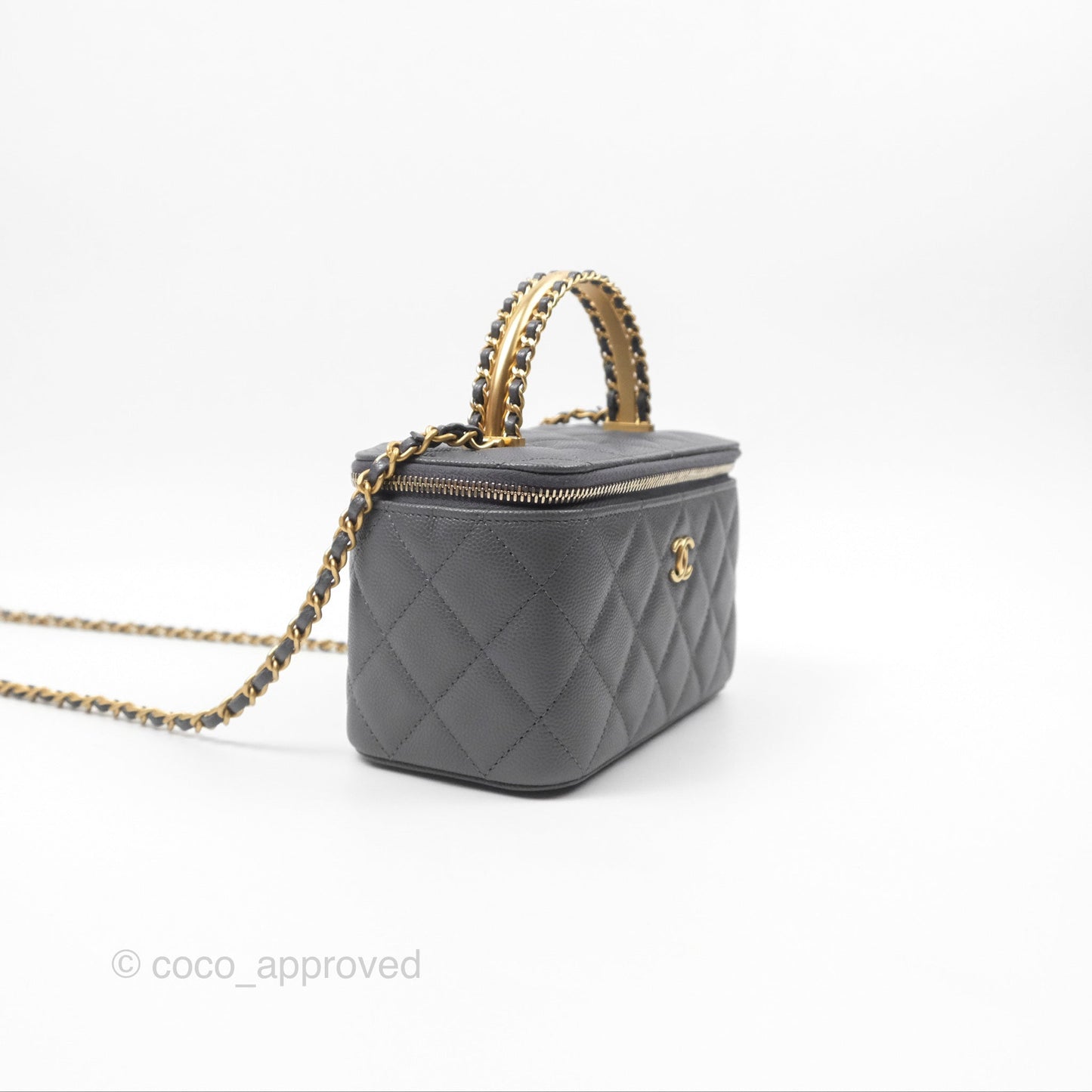 Chanel Vanity Rectangular with Top Handle Grey Caviar Aged Gold Hardware 24A