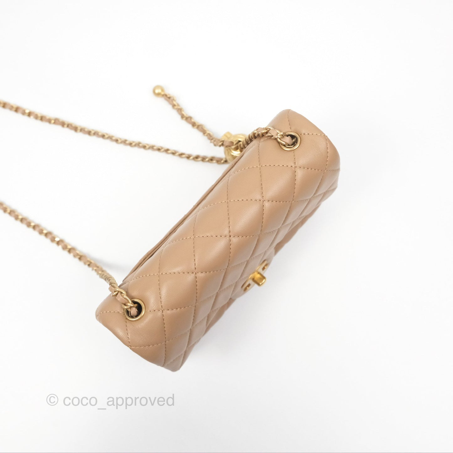 Chanel Mini Rectangular Pearl Crush Quilted Beige Lambskin Aged Gold Hardware
