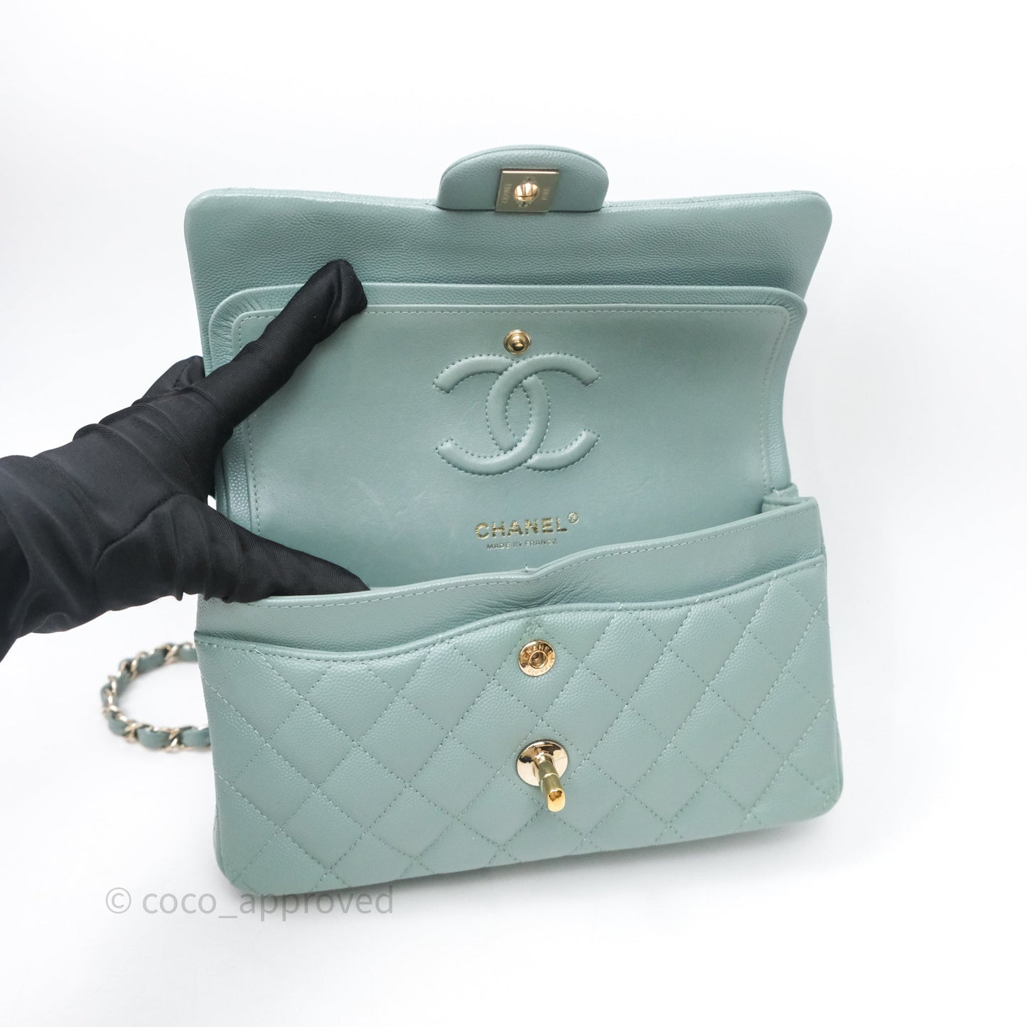 Chanel Small Quilted Classic Flap Tiffany Green Cavier Gold Hardware