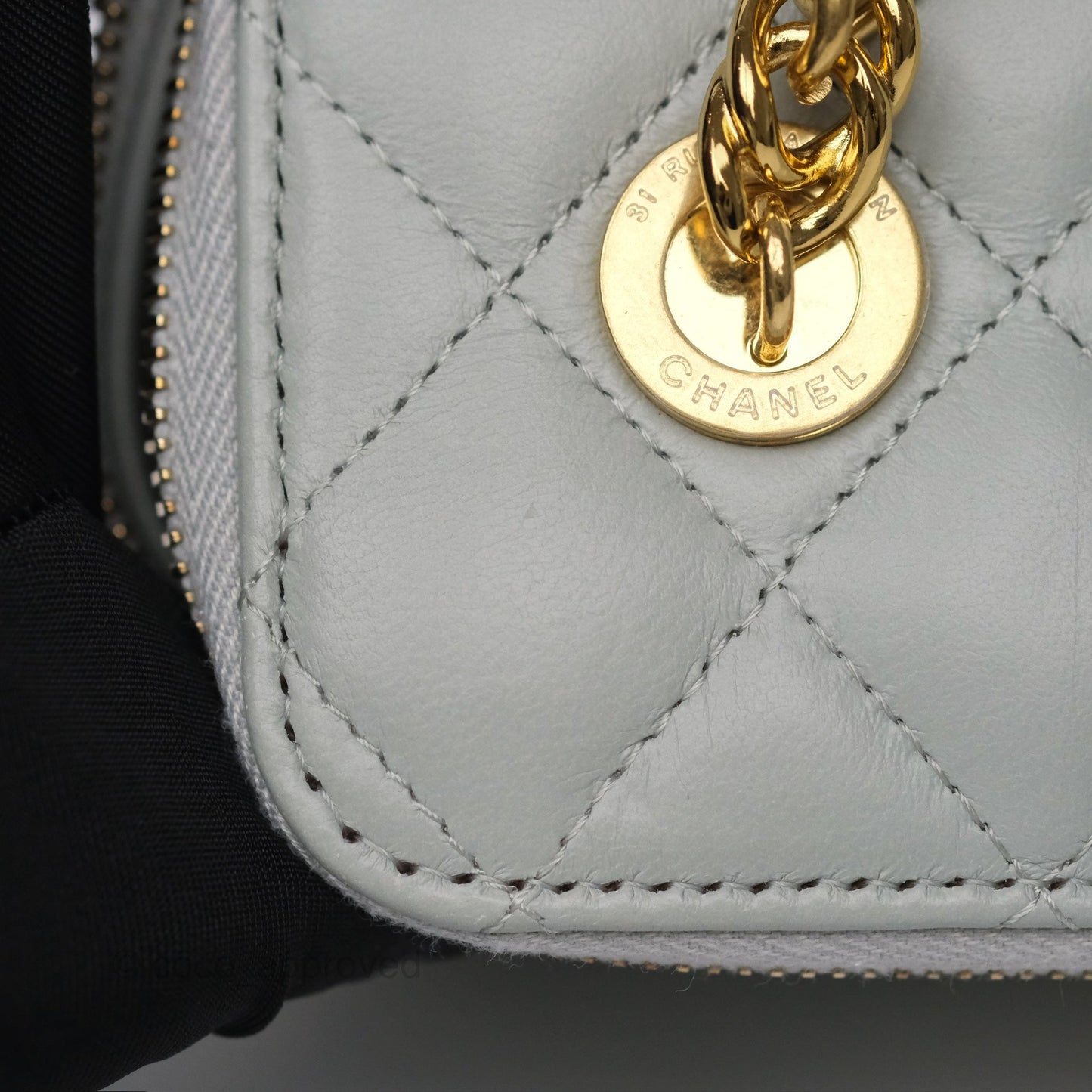 Chanel Quilted Vanity Rectangular with Chain Grey Blue Lambskin Gold Hardware