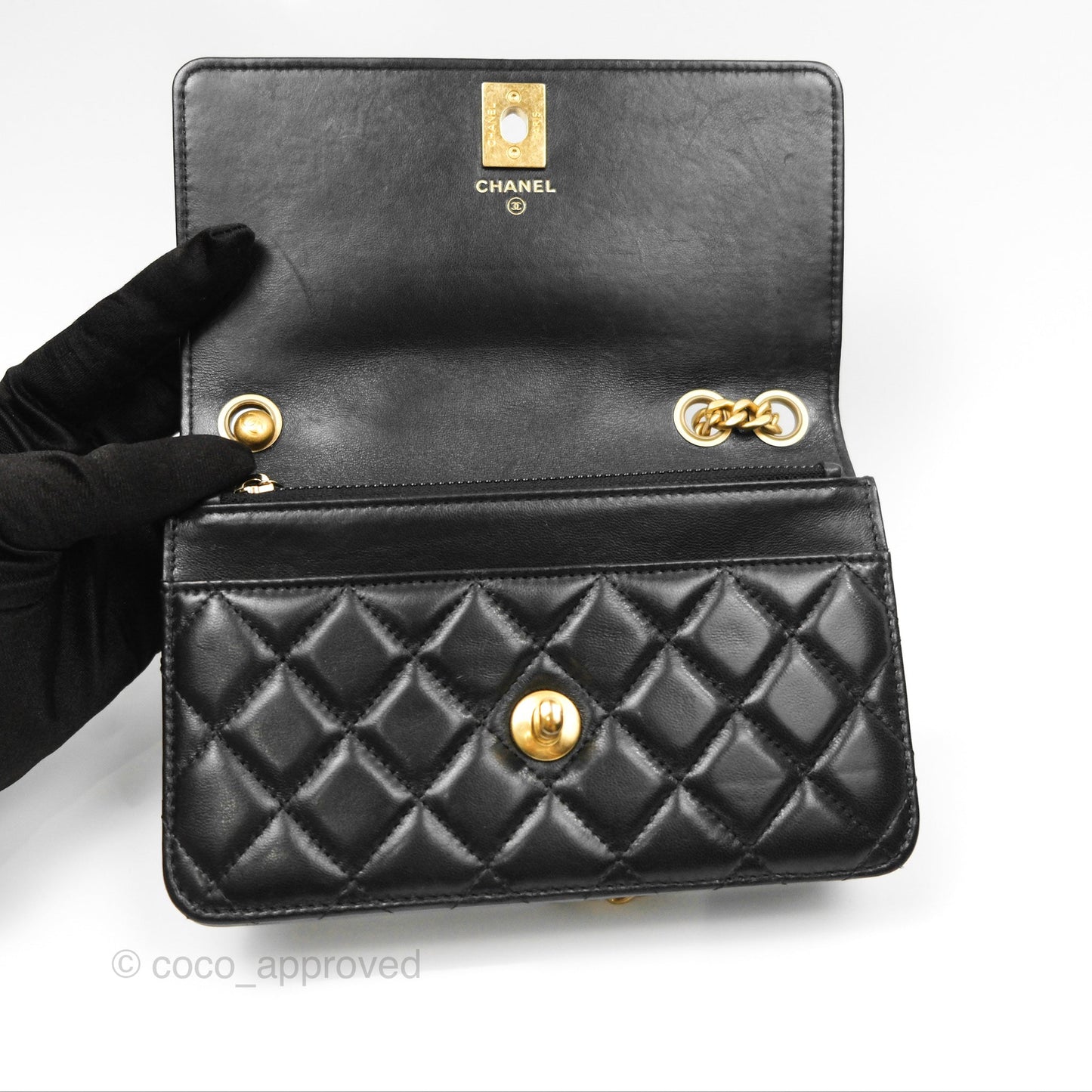 Chanel All Slide Wallet on Chain WOC Adjustable Chain Quilted Black Lambskin 22K
