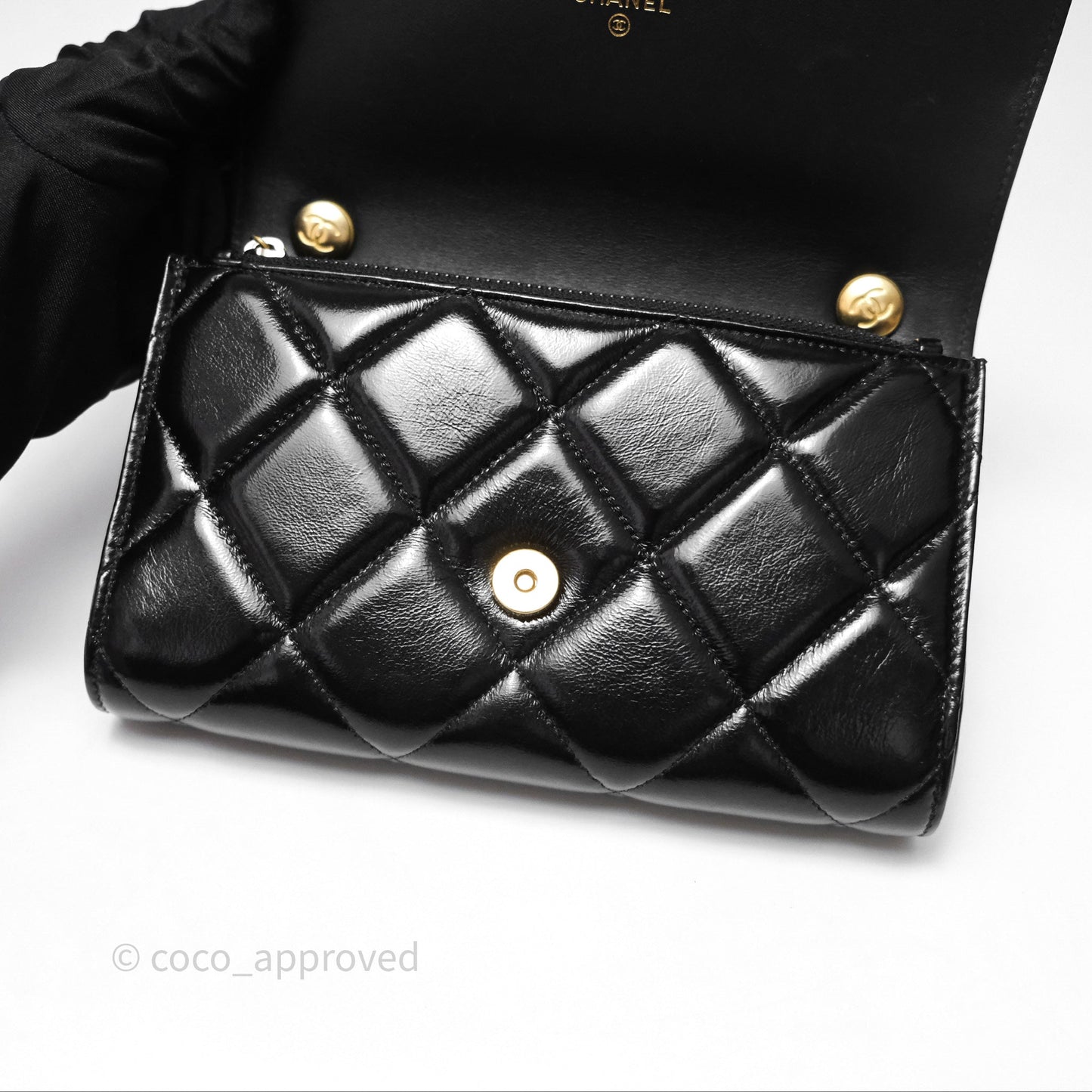 Chanel Quilted Medallion Wallet on Chain WOC Black Glossy Lambskin Gold Hardware 22K