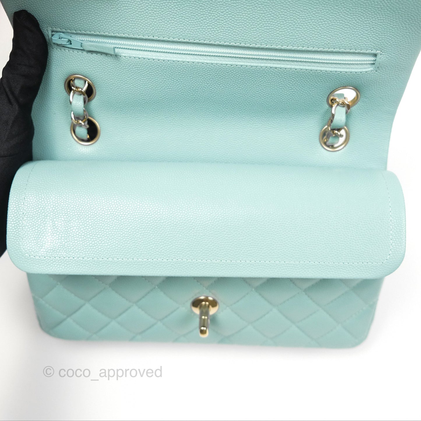 Chanel Small Classic Quilted Flap Tiffany Green Caviar Gold Hardware