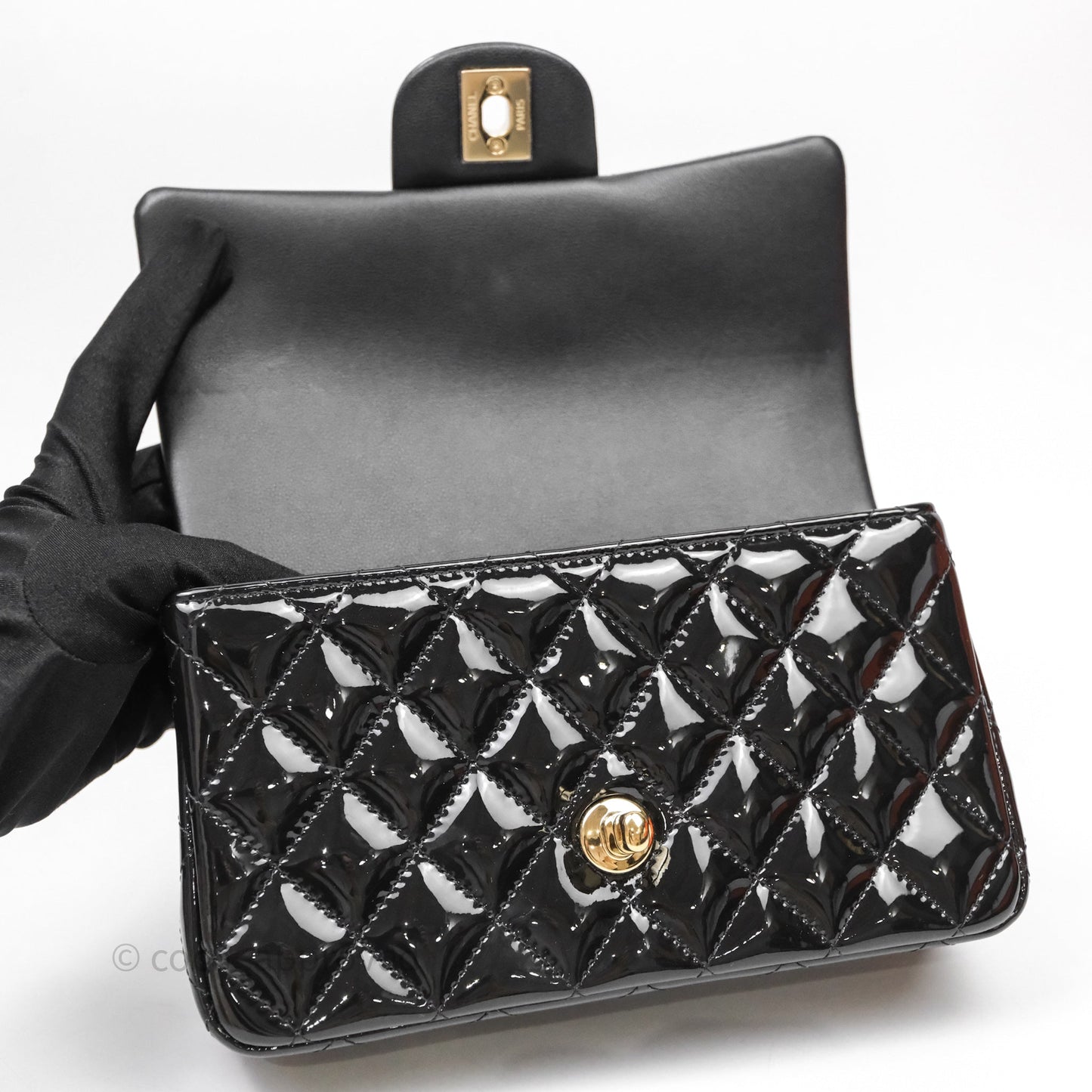 Chanel Top Handle Mini Rectangular Flap Black Patent Gold Hardware