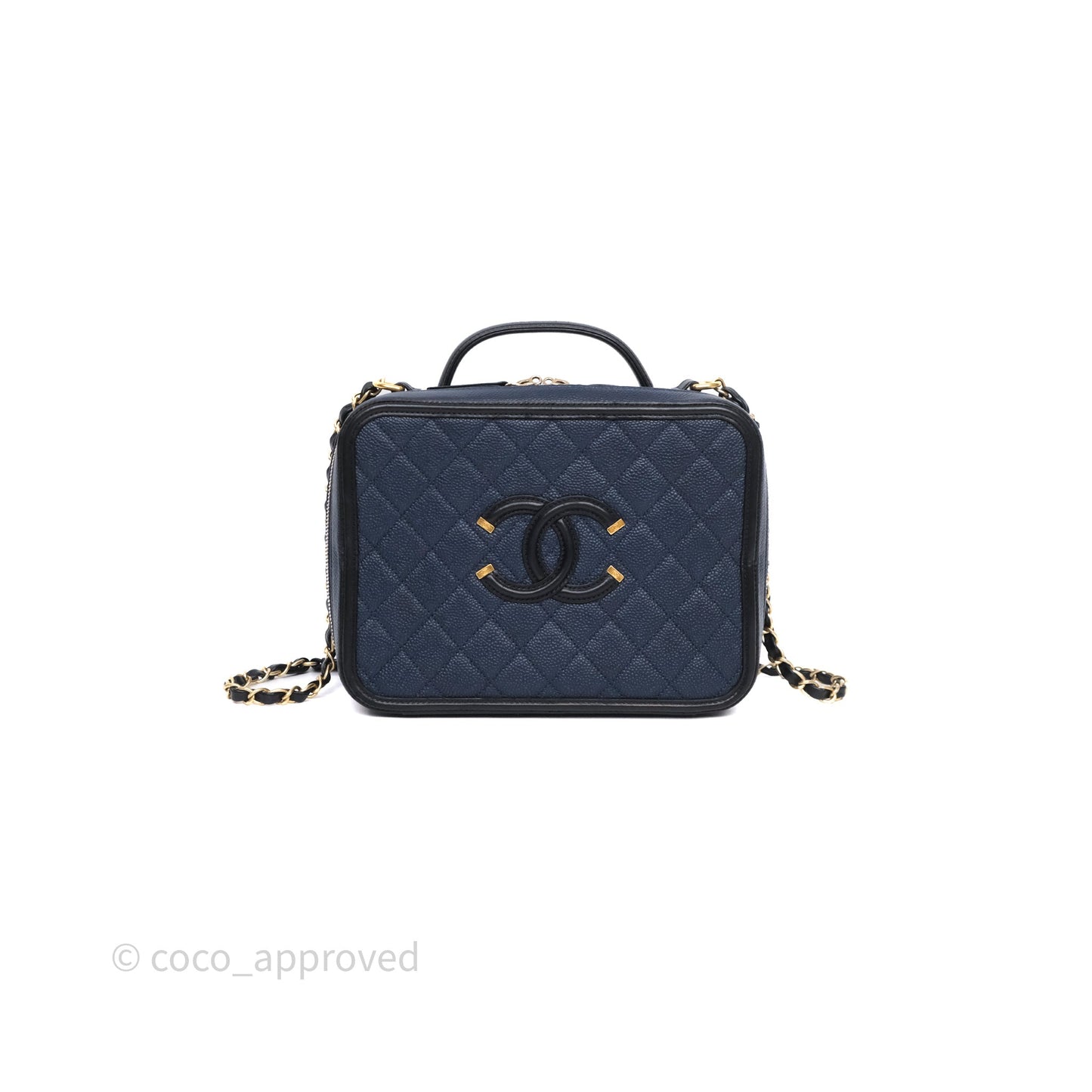 Chanel Quilted Large CC Filigree Vanity Case Navy Black Caviar Aged Gold Hardware