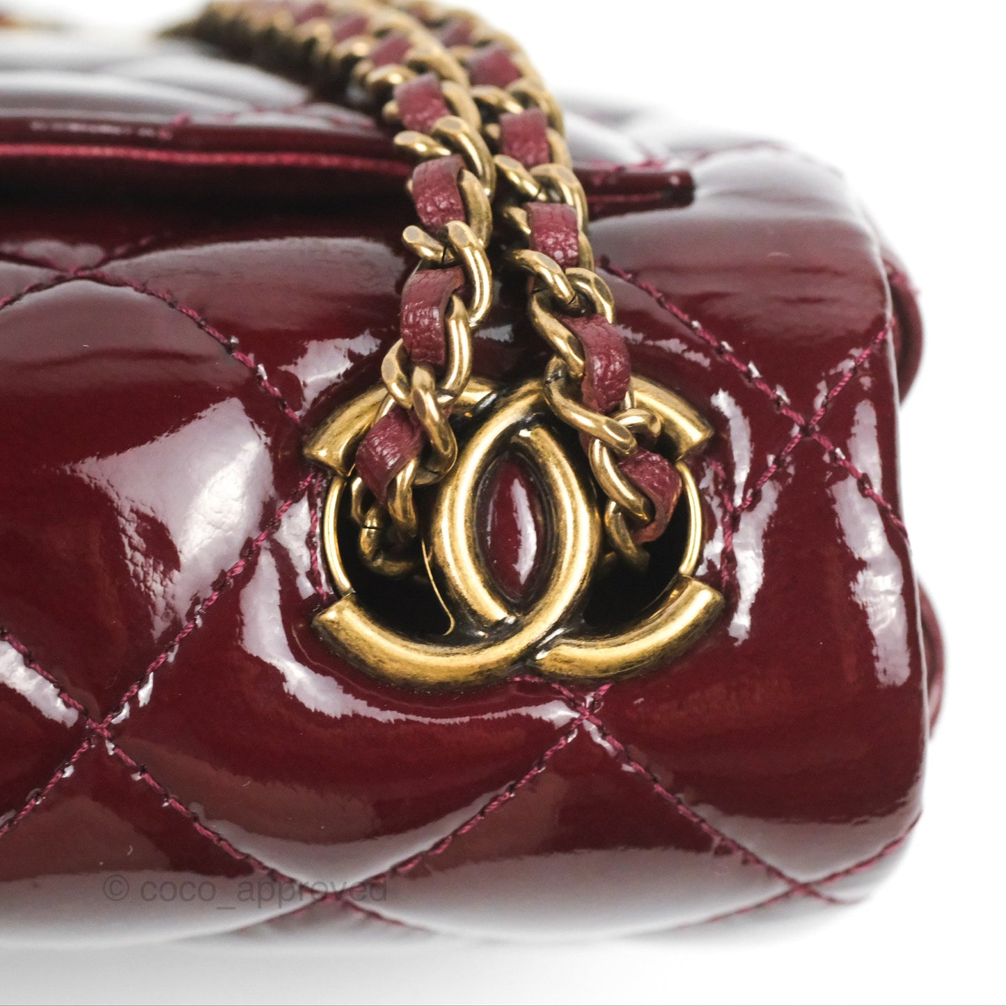 Chanel Quilted CC Eyelet Flap Burgundy Patent Goatskin Antique Gold Hardware