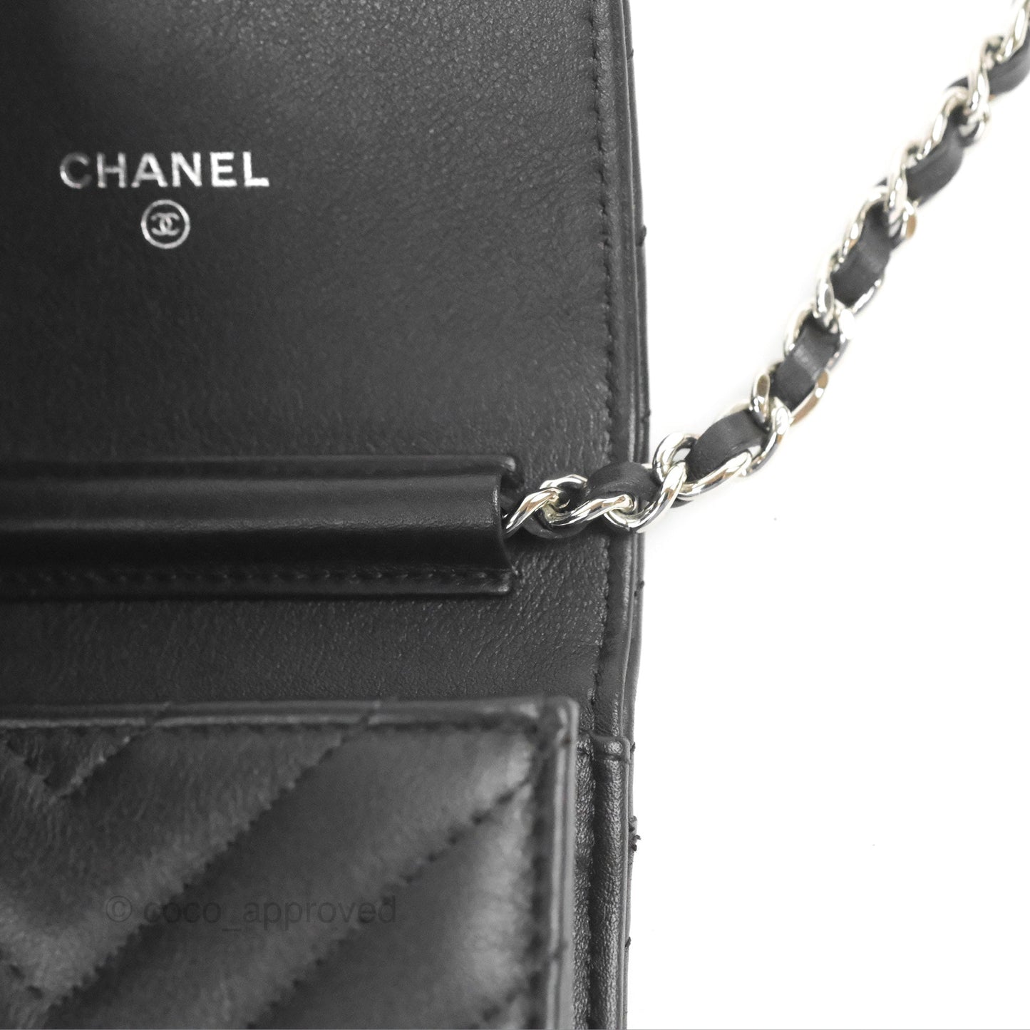 Chanel Classic Chevron Phone Holder Black Calfskin Silver Hardware