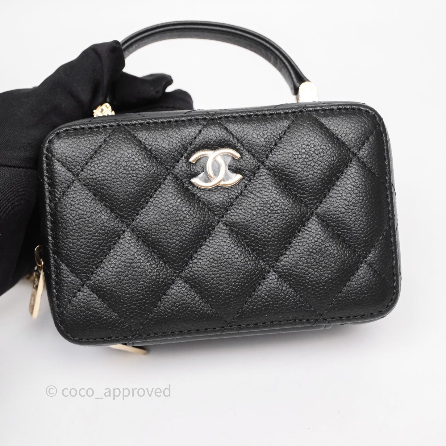 Chanel Quilted Top Handle Mini Vanity Case Black Caviar Gold Hardware