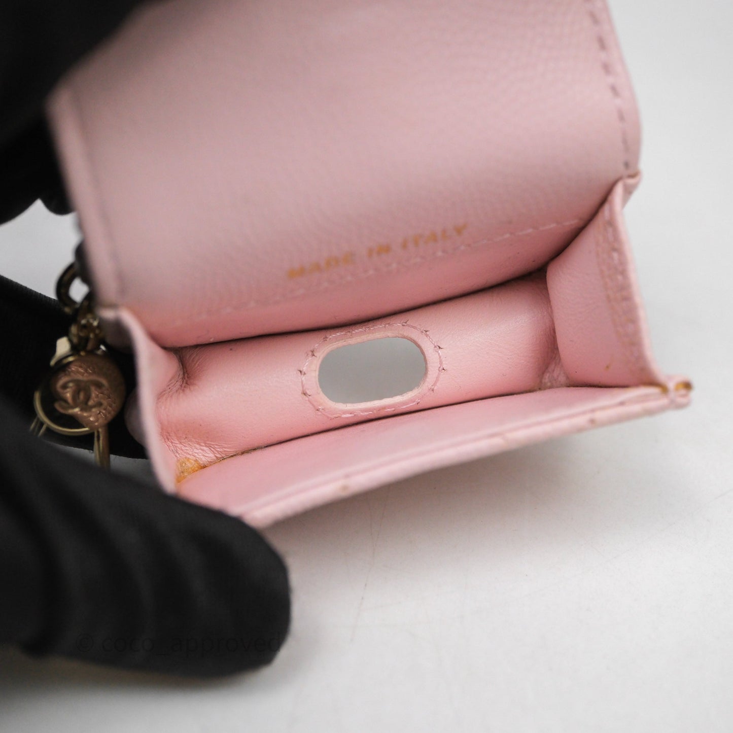 Chanel Quilted Crystal CC Pink Caviar Airpods Phone Case With Chain Light Gold Hardware
