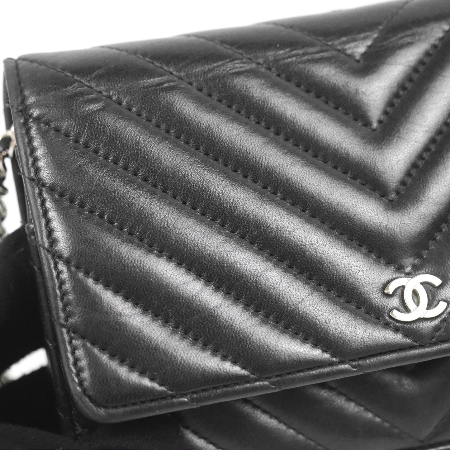 Chanel Classic Chevron Wallet on Chain WOC Black Lambskin Silver Hardware