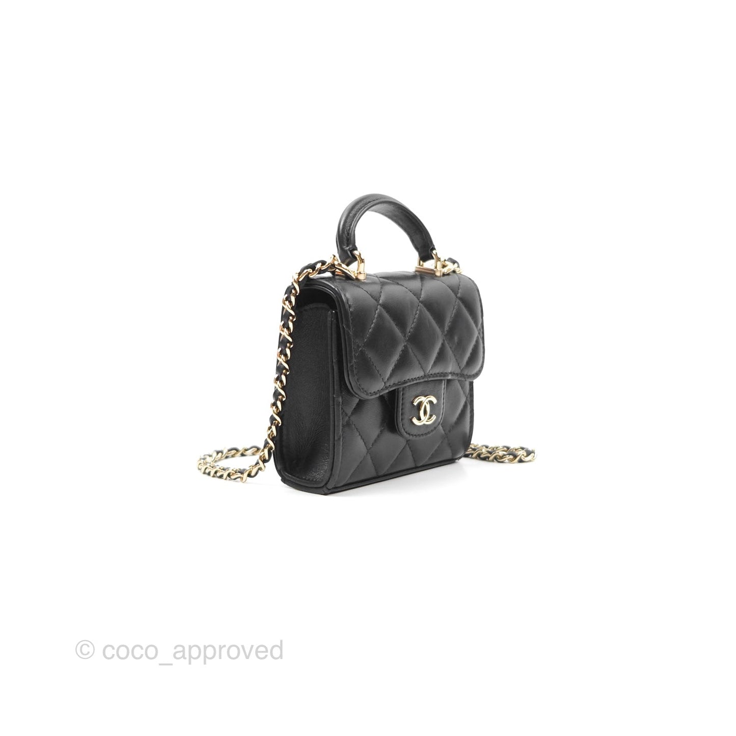 Chanel Mini Handle Clutch With Chain Black Lambskin Gold Hardware