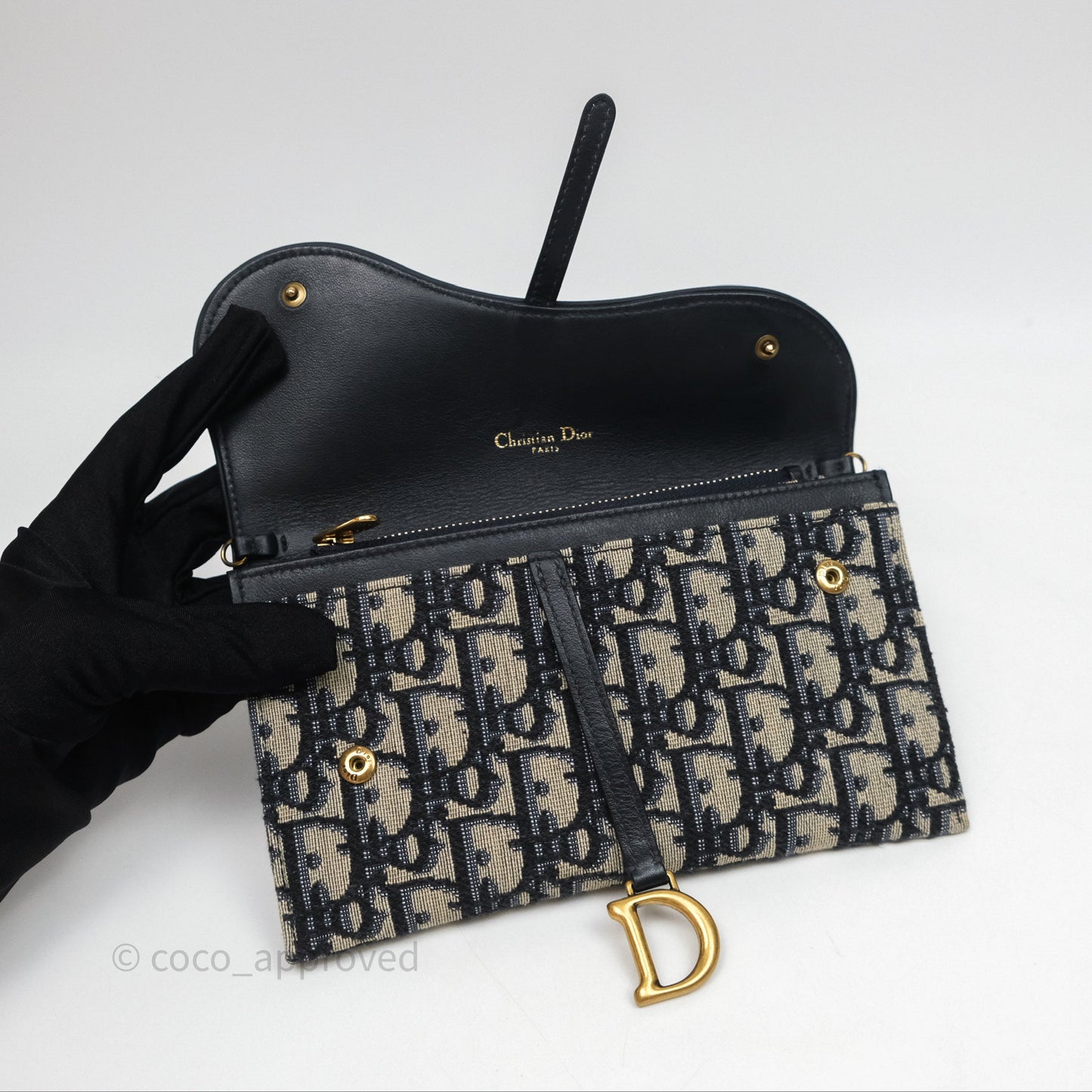 Small Saddle Pouch Wallet with Chain Blue Dior Oblique Jacquard
