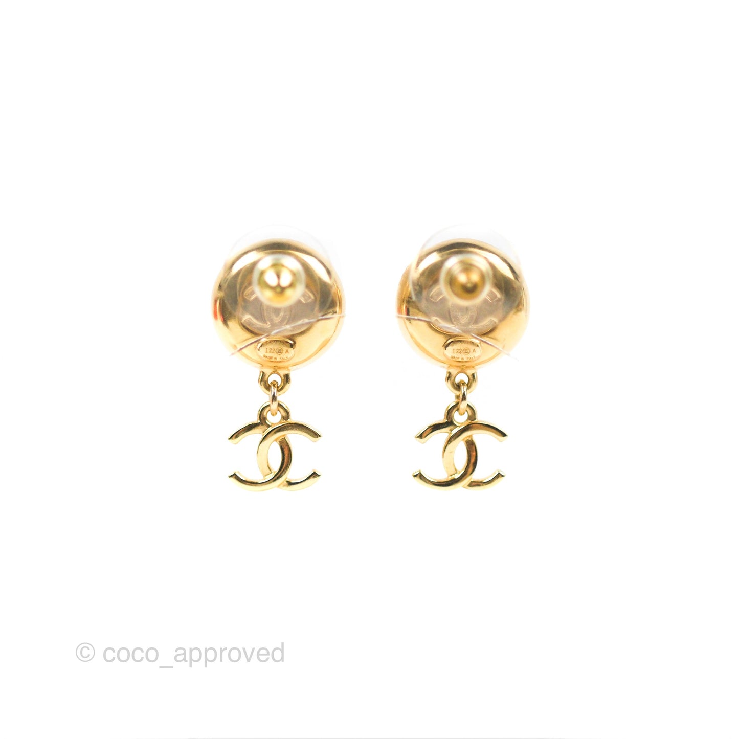 Chanel Round Camellia CC Earrings Black Leather Gold Tone 22A