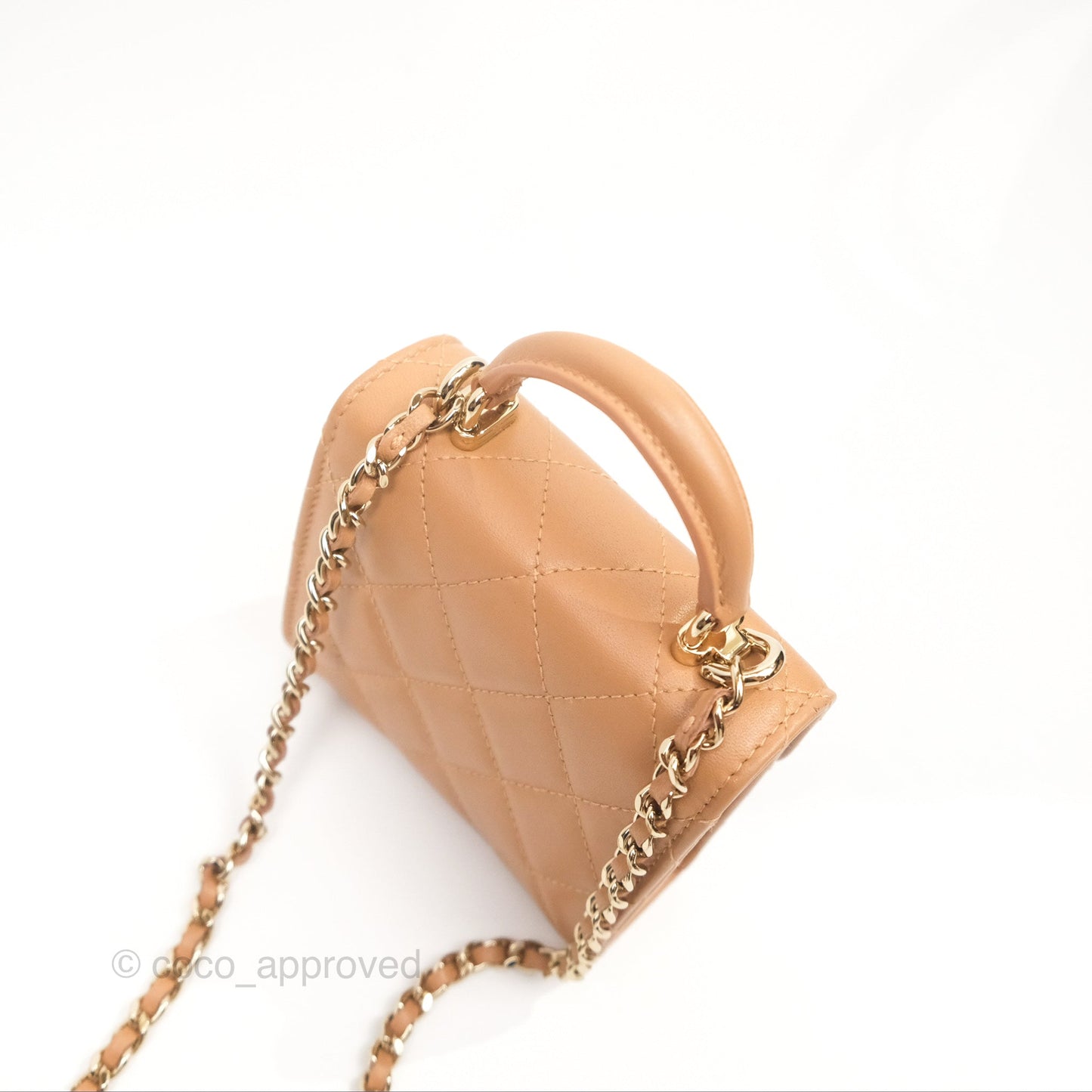 Chanel Mini Handle Clutch With Chain Caramel Lambskin Gold Hardware
