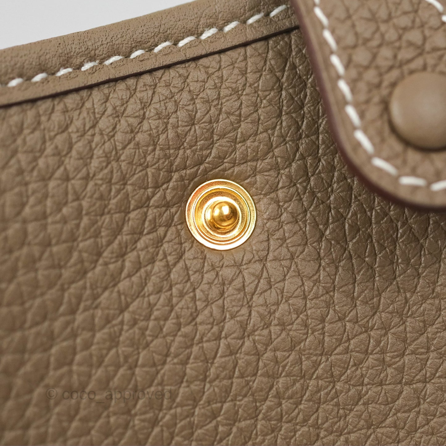 Hermès Mini Evelyne Etoupe Clemence Gold Hardware with Bleu Indigo Strap