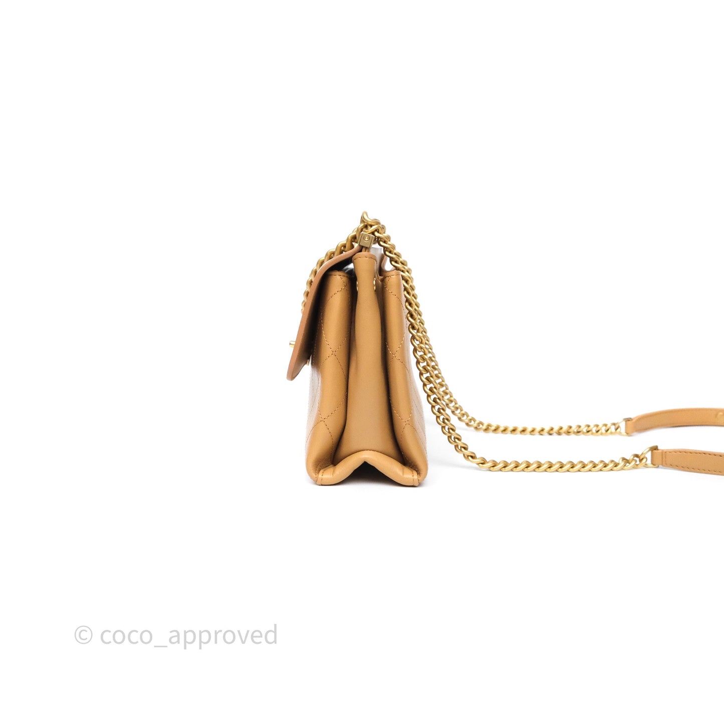 Chanel Small Coco Luxe Flap Bag Caramel Beige Calfskin Aged Gold Hardware