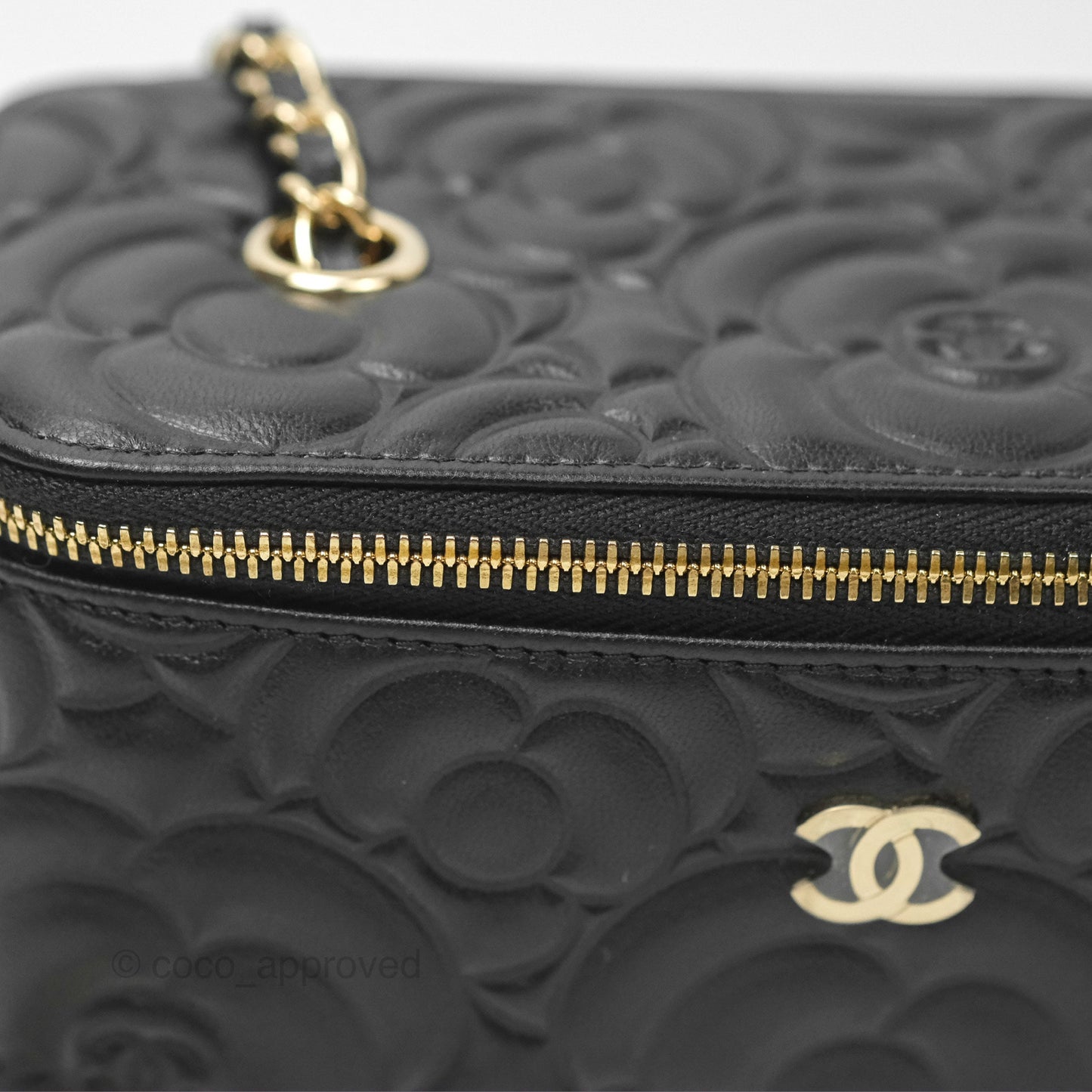 Chanel Vanity Rectangular Camellia Embossed Black Lambskin Gold Hardware 21S