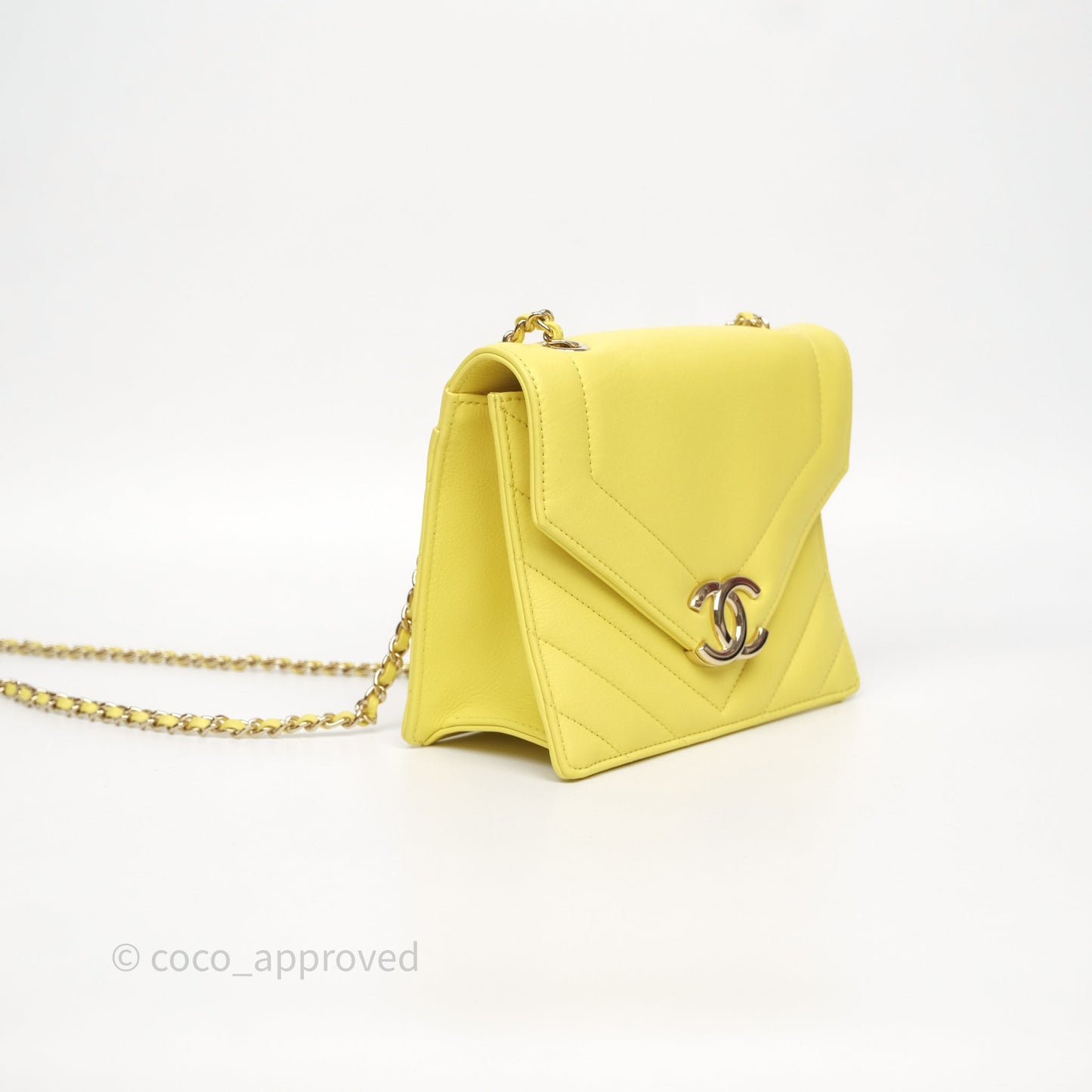 Chanel Chevron Square Envelope Flap Bag Yellow Calfskin Gold Hardware 19C