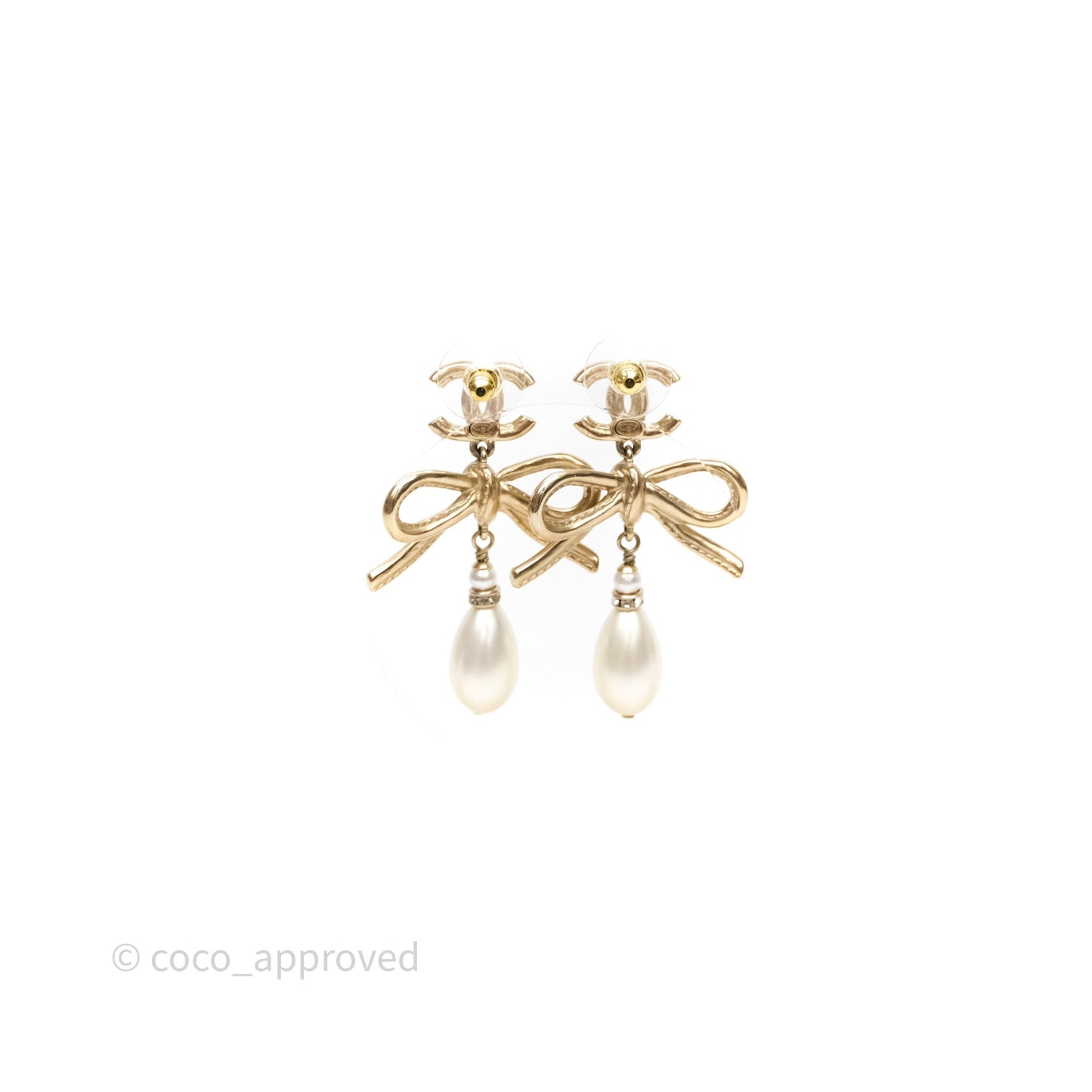 Chanel CC Pearl Drop Bow Earrings Gold Tone 22S