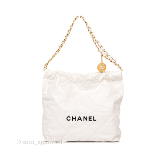 Chanel 22 Small White Aged Calfskin Black Logo Aged Gold Hardware