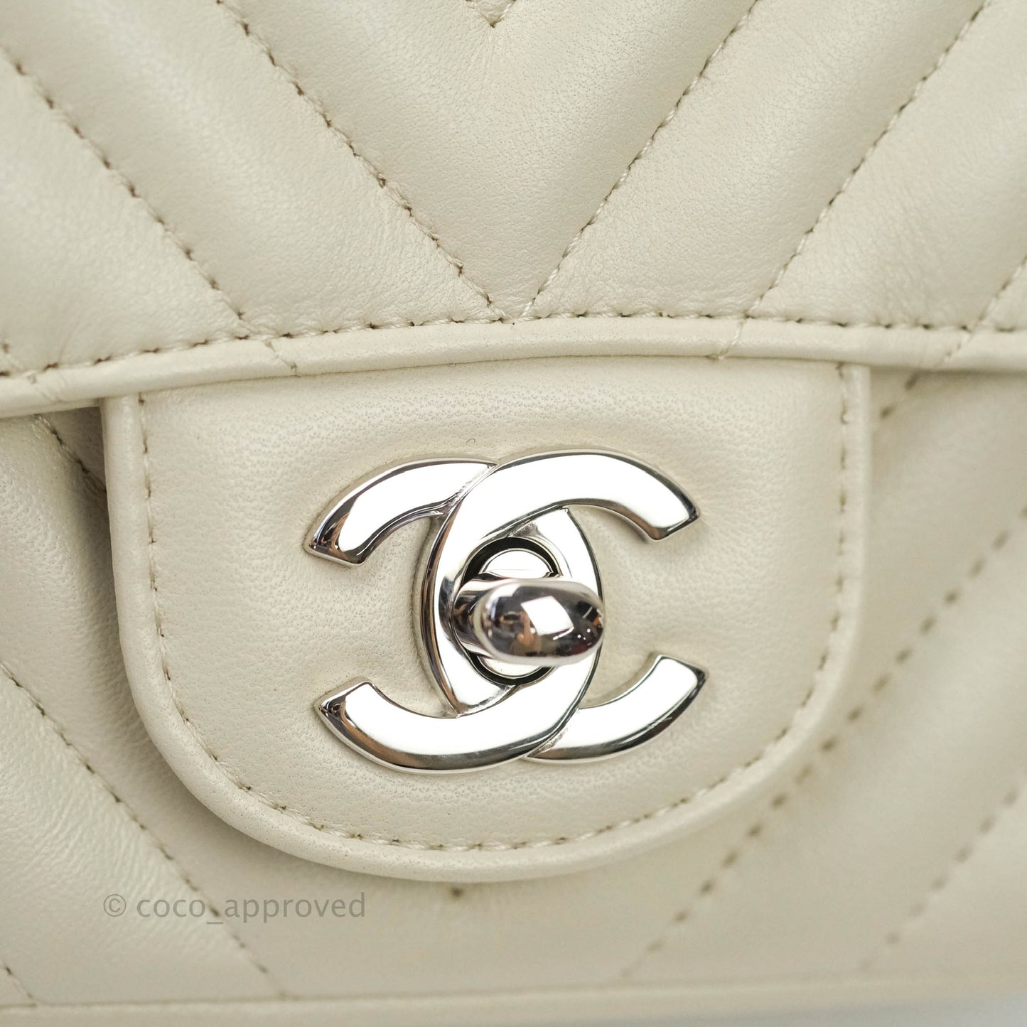 Chanel Mini Square Chevron White Ivory Lambskin Silver Hardware
